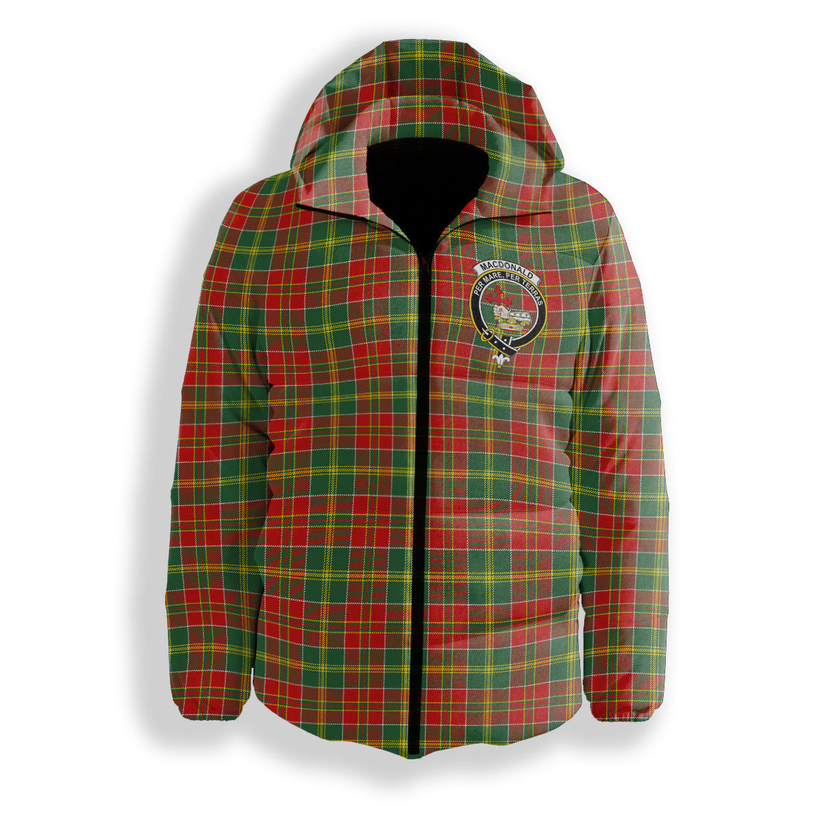 ScotsTee Shop Scottish MacDonald of Kingsburgh Modern Crest Tartan Down Jacket Winter White Duck Down Plaid