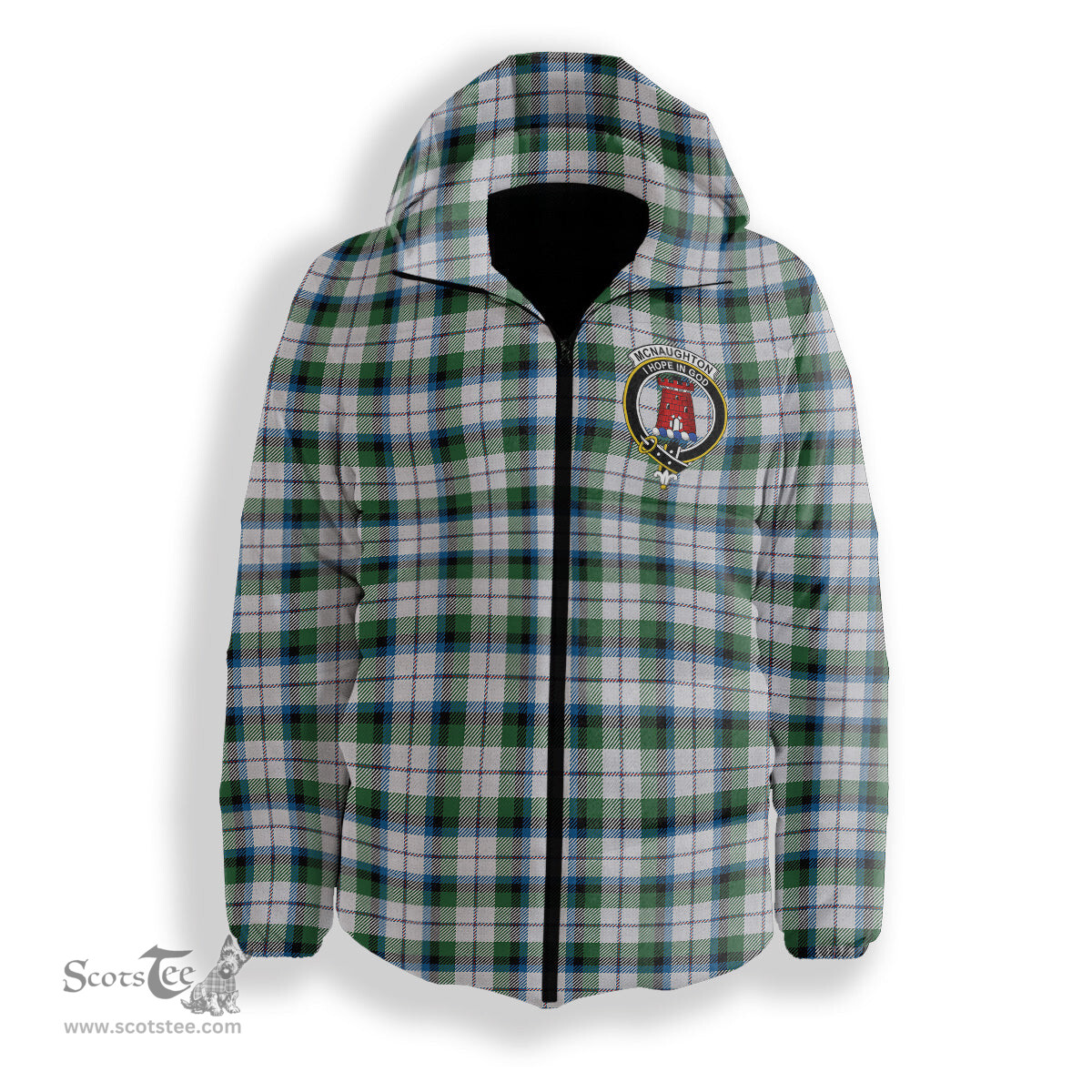 ScotsTee Shop Scottish McNaughton Dress Ancient Crest Tartan Down Jacket Winter White Duck Down Plaid