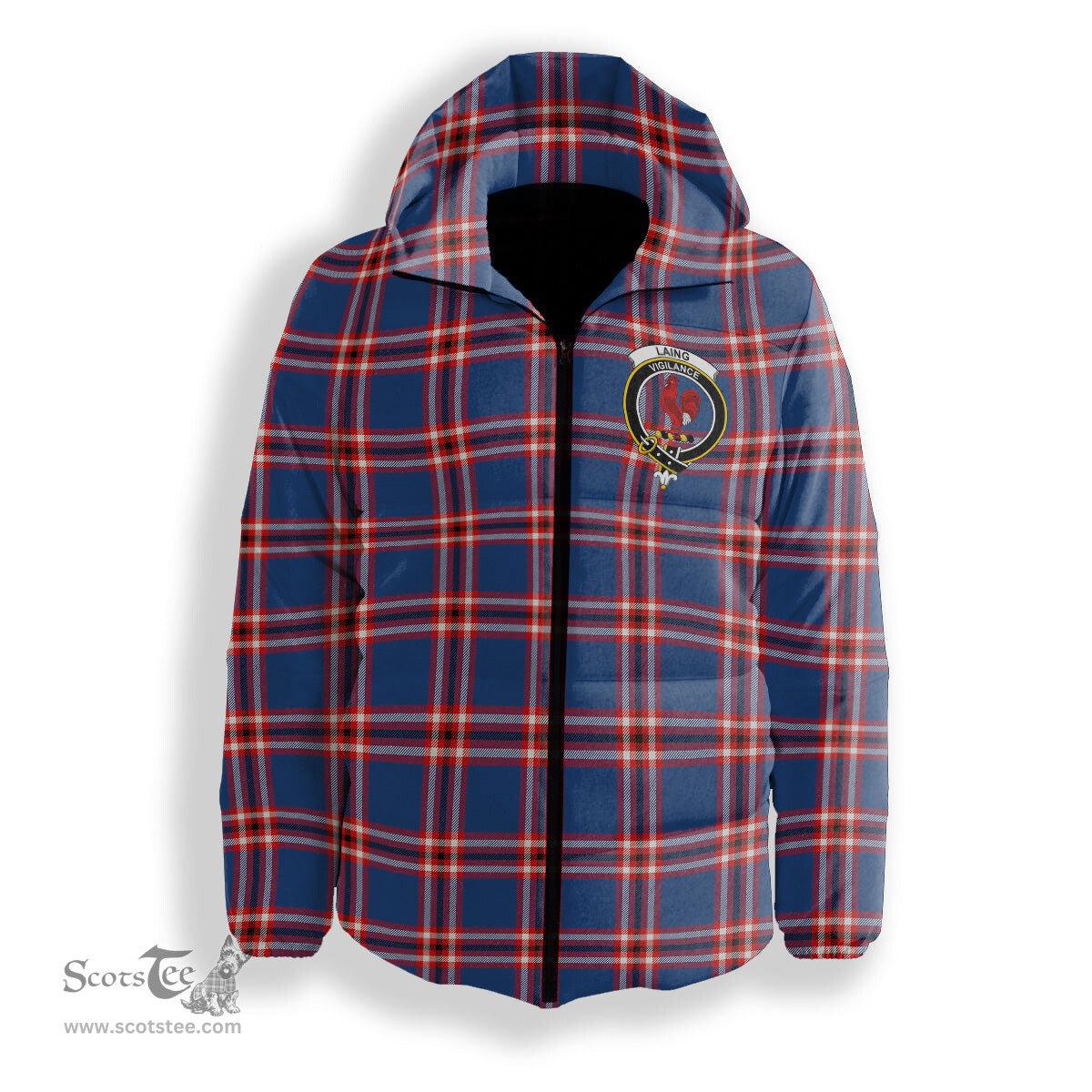 ScotsTee Shop Scottish Laing of Archiestown Modern Crest Tartan Down Jacket Winter White Duck Down Plaid