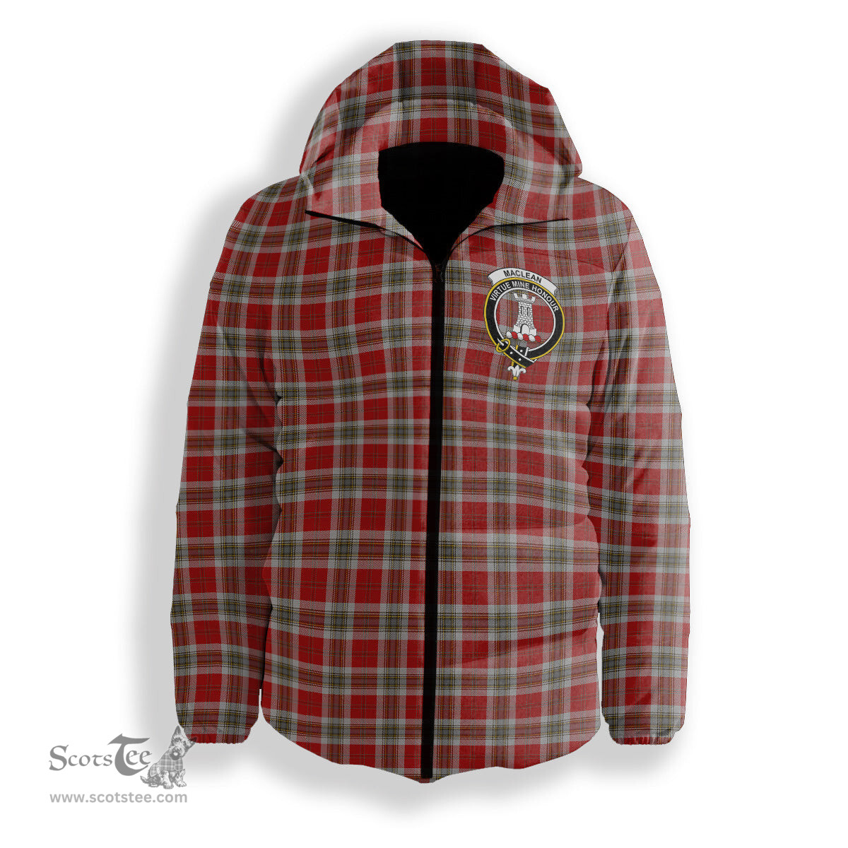 ScotsTee Shop Scottish MacLean of Duart Dress Red Crest Tartan Down Jacket Winter White Duck Down Plaid