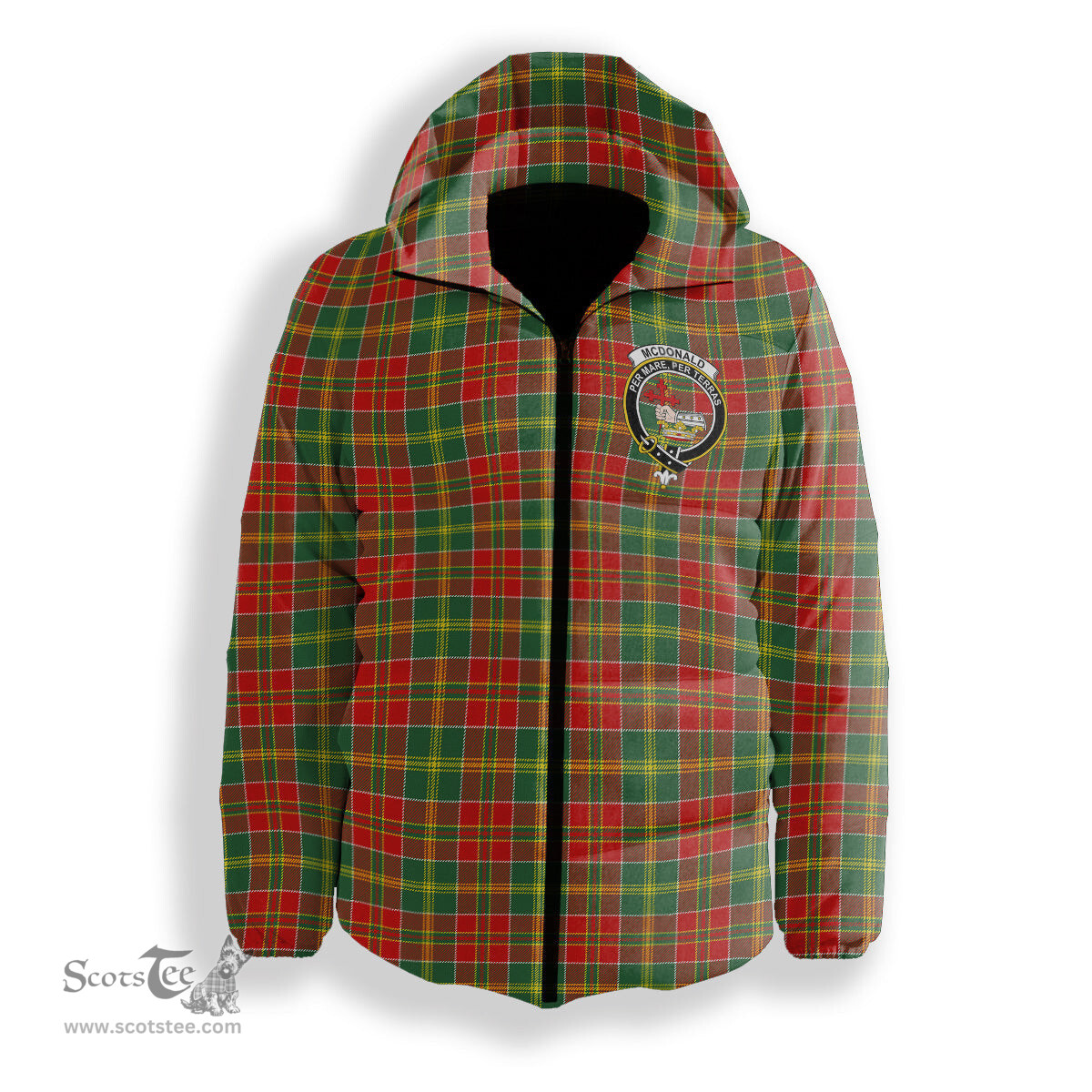ScotsTee Shop Scottish McDonald of Kingsburgh Modern Crest Tartan Down Jacket Winter White Duck Down Plaid