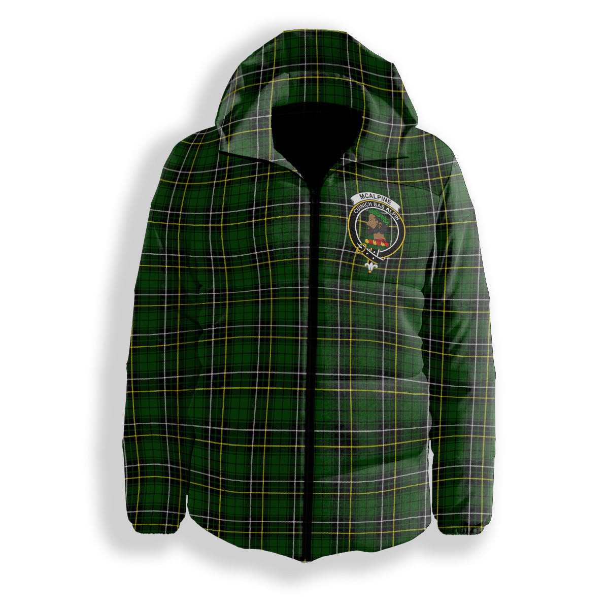 ScotsTee Shop Scottish McAlpine Modern Crest Tartan Down Jacket Winter White Duck Down Plaid