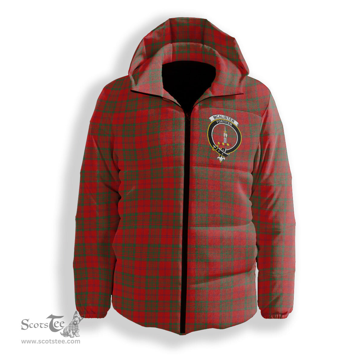 ScotsTee Shop Scottish McAlister of Glenbarr Modern Crest Tartan Down Jacket Winter White Duck Down Plaid