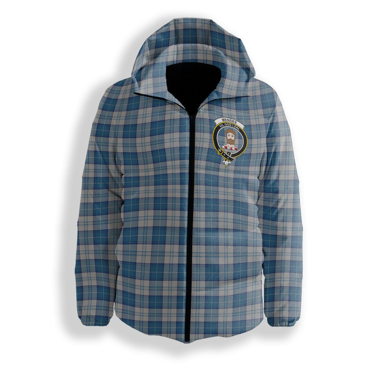 ScotsTee Shop Scottish Menzies Dress Blue and White Crest Tartan Down Jacket Winter White Duck Down Plaid