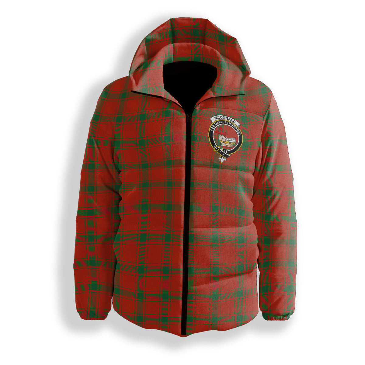 ScotsTee Shop Scottish McDonald of Sleat Ancient Crest Tartan Down Jacket Winter White Duck Down Plaid