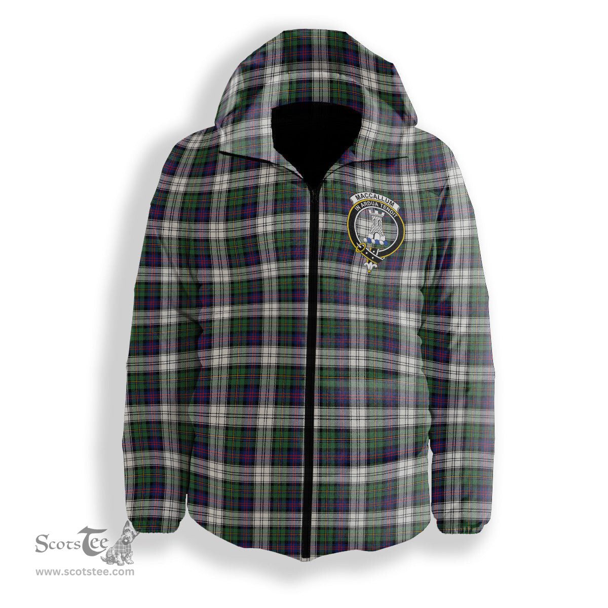 ScotsTee Shop Scottish MacCallum Dress Modern Crest Tartan Down Jacket Winter White Duck Down Plaid