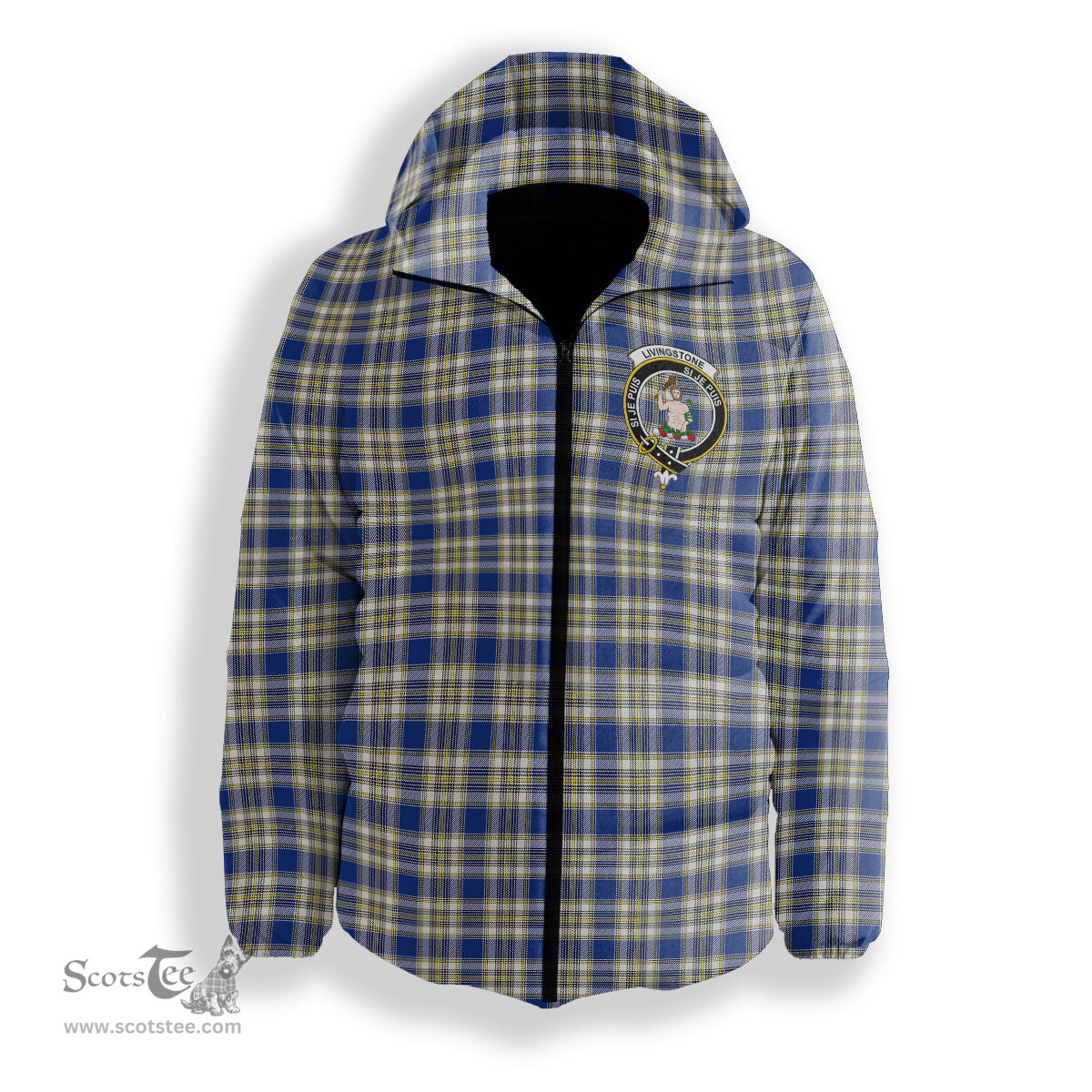 ScotsTee Shop Scottish Livingstone Dress Modern Crest Tartan Down Jacket Winter White Duck Down Plaid