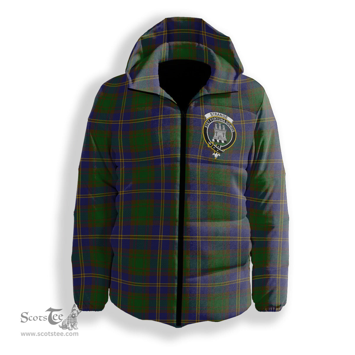 ScotsTee Shop Scottish Strange of Balkaskie Crest Tartan Down Jacket Winter White Duck Down Plaid