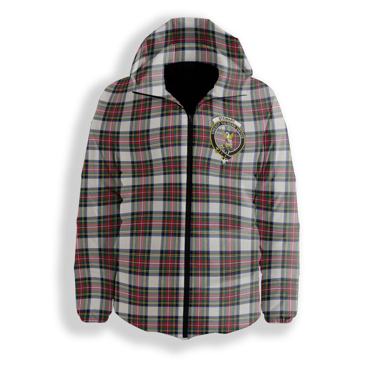 ScotsTee Shop Scottish Stewart Dress Modern Crest Tartan Down Jacket Winter White Duck Down Plaid