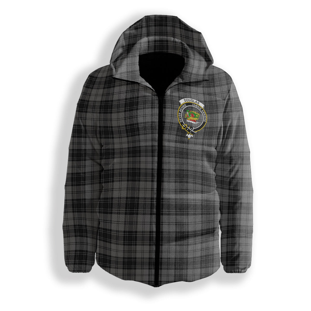 ScotsTee Shop Scottish Douglas Grey Vestiarium Scoticum Crest Tartan Down Jacket Winter White Duck Down Plaid