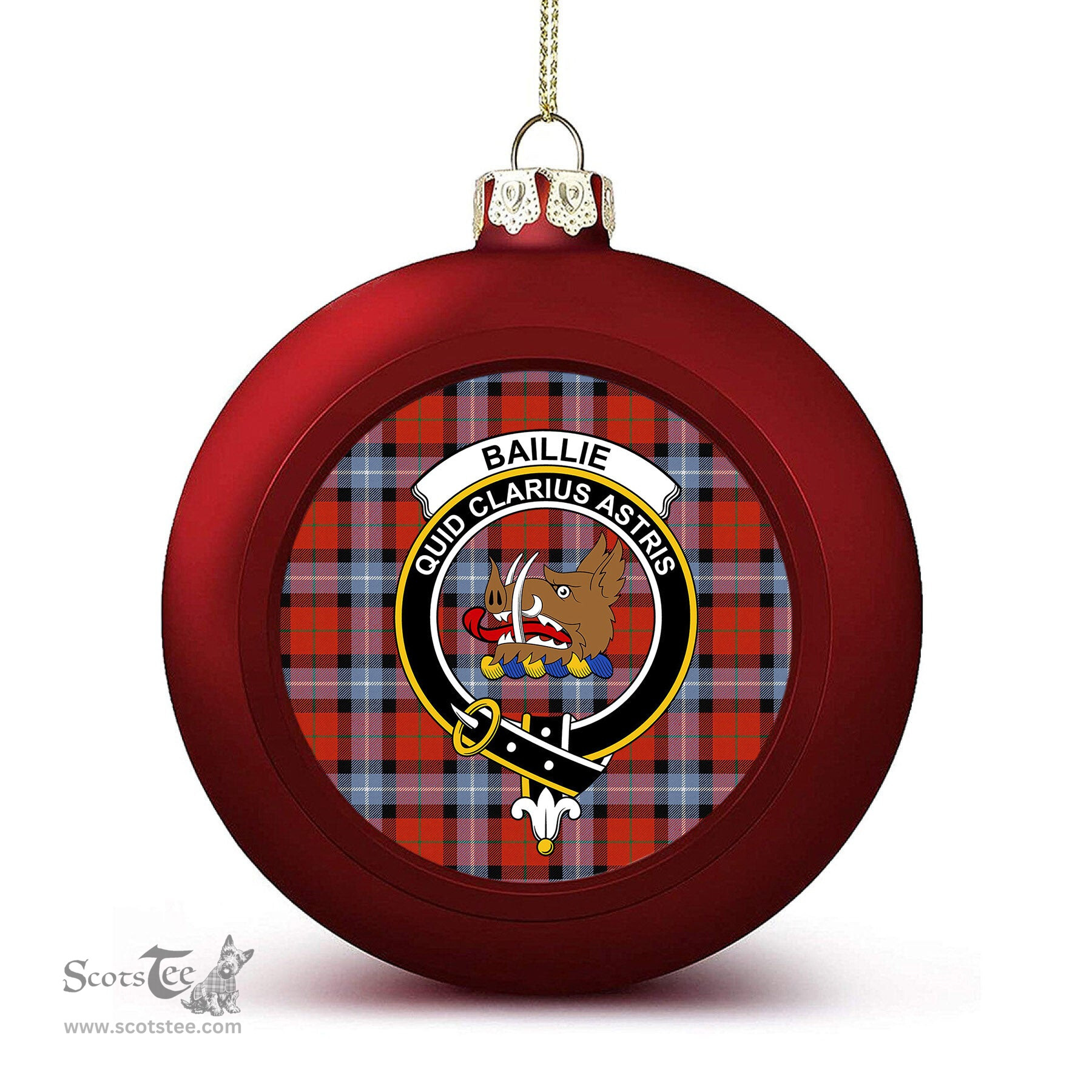 ScotsTee Shop Scottish Baillie of Polkemmet Red Ancient Crest Tartan Christmas Ball Ornament