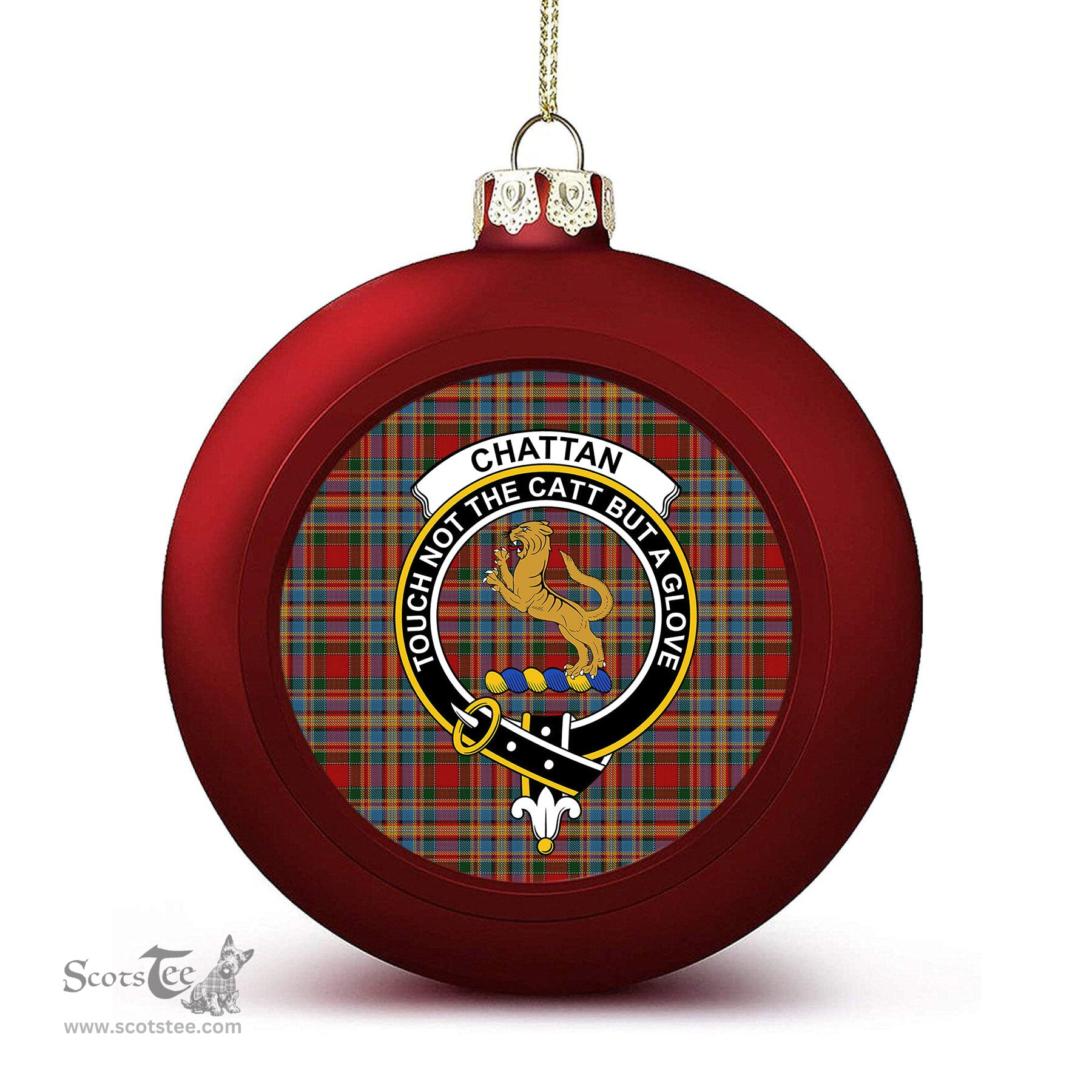 ScotsTee Shop Scottish Chattan brown stripe variation Crest Tartan Christmas Ball Ornament