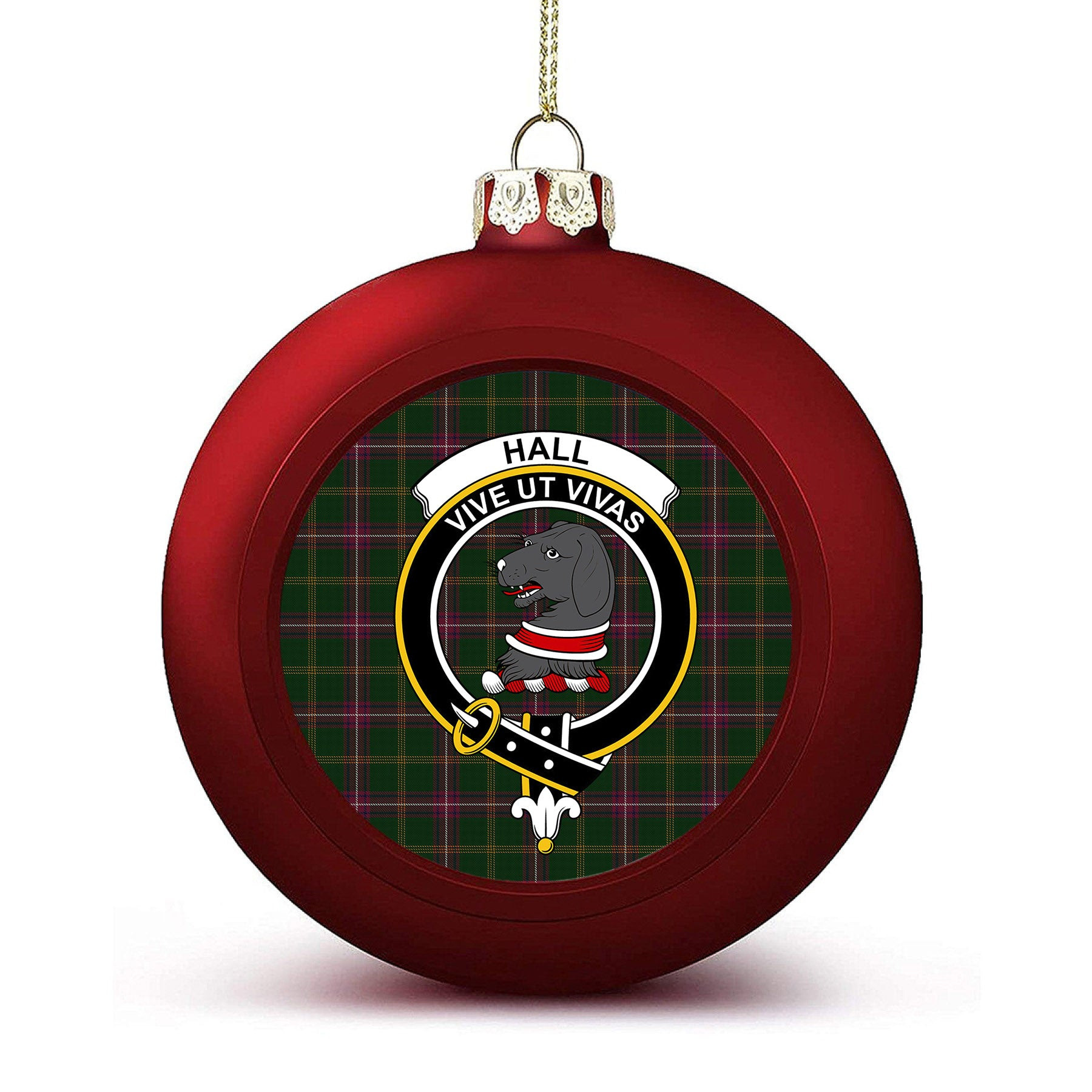 ScotsTee Shop Scottish Hall from Springbrook and Newtown Crest Tartan Christmas Ball Ornament