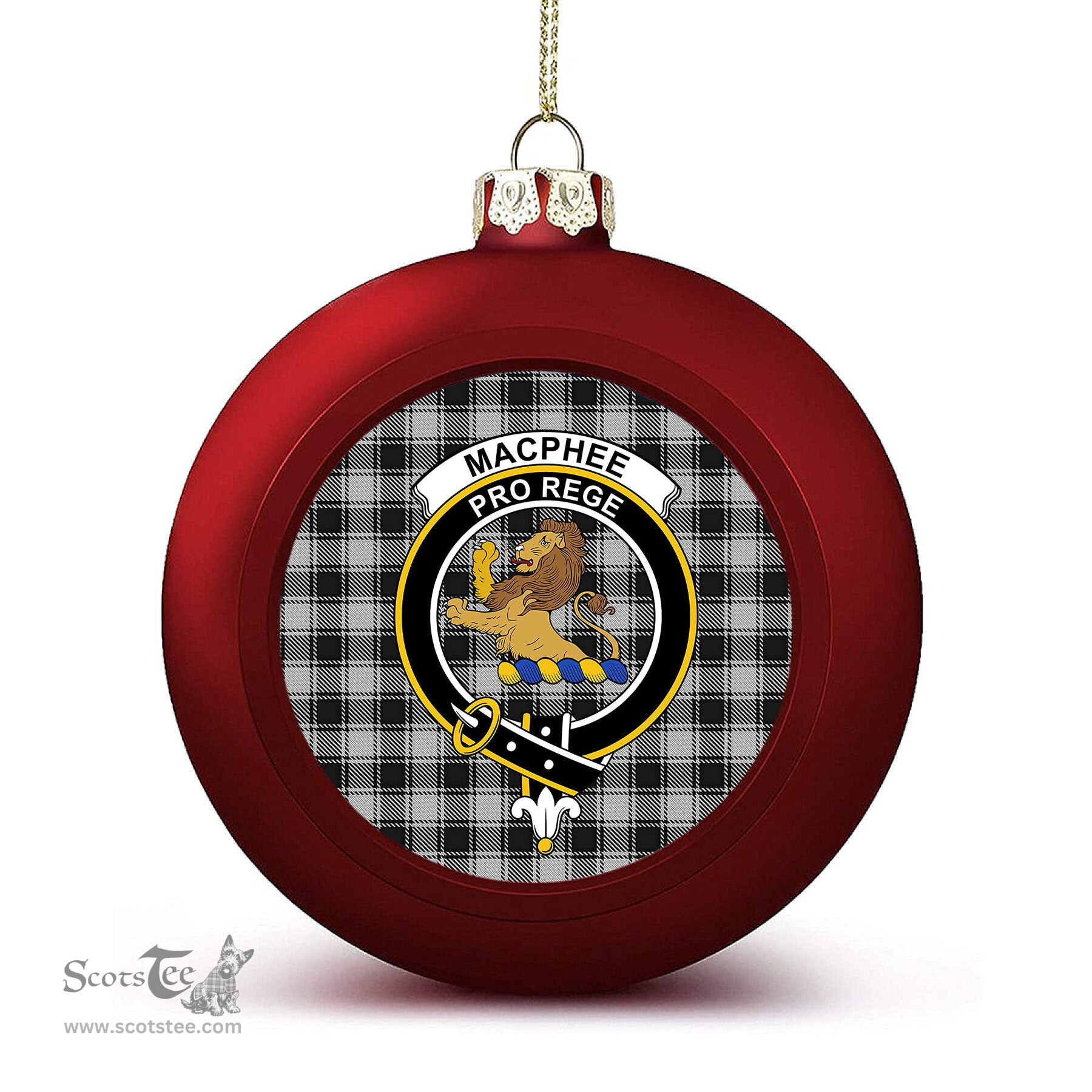 ScotsTee Shop Scottish MacPhee Black and White Crest Tartan Christmas Ball Ornament