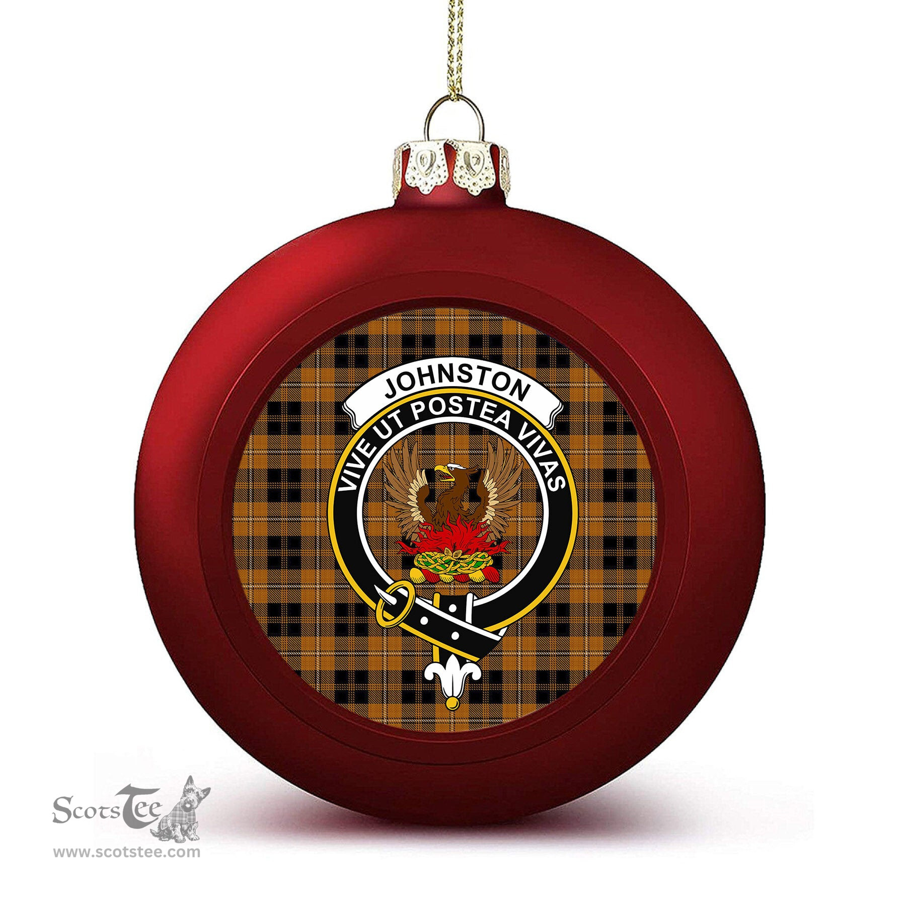 ScotsTee Shop Scottish Johnston Orange and Black Crest Tartan Christmas Ball Ornament