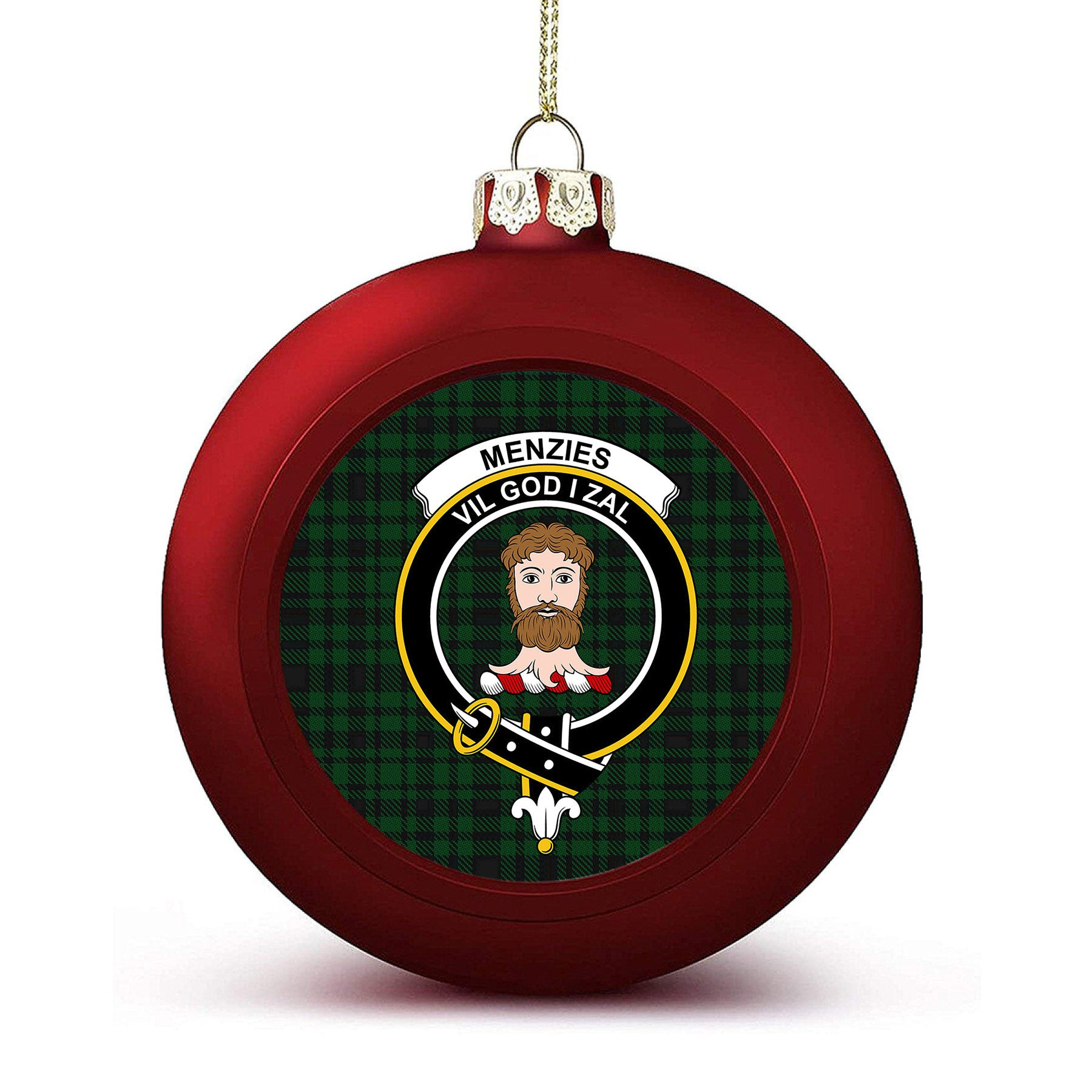 ScotsTee Shop Scottish Menzies Green Crest Tartan Christmas Ball Ornament