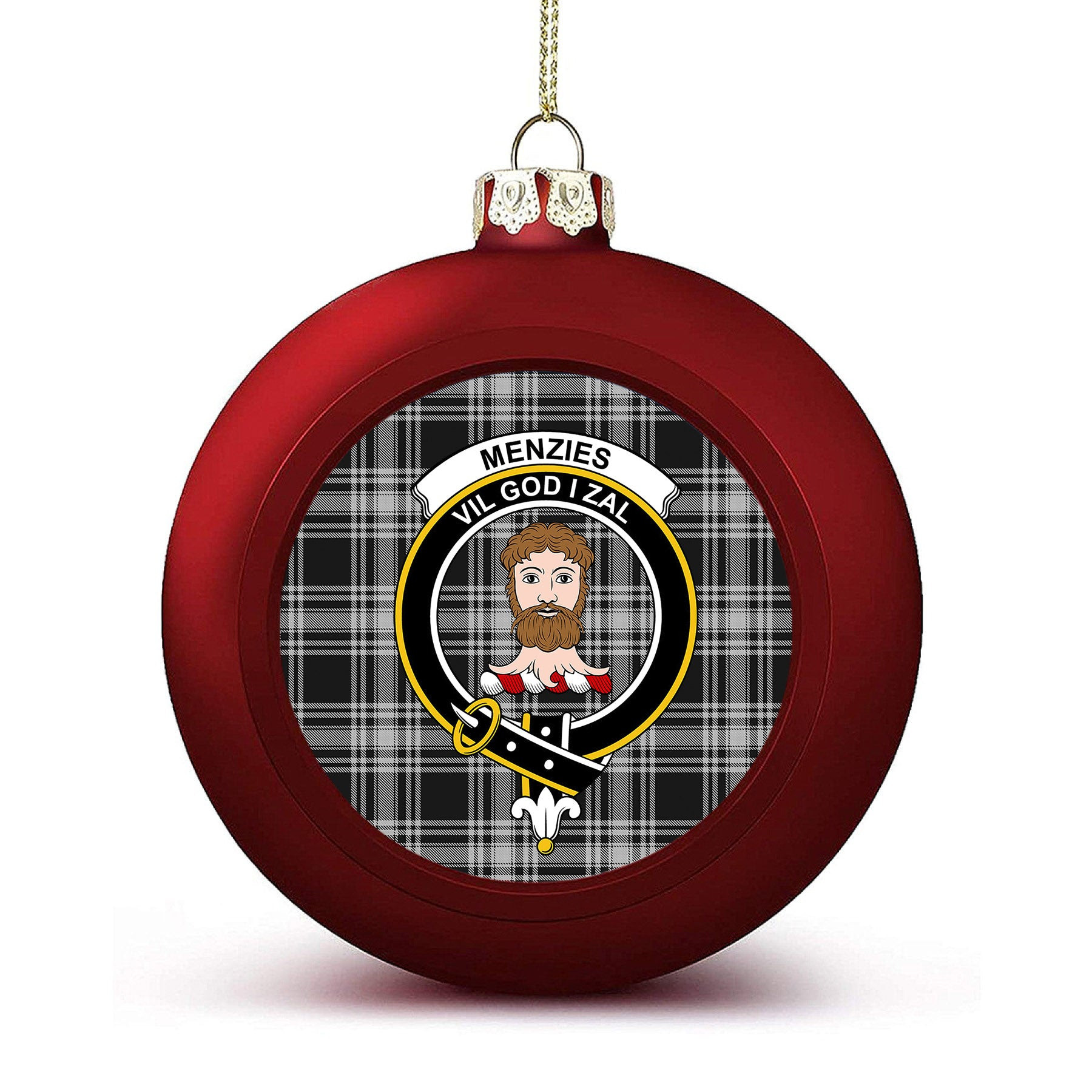 ScotsTee Shop Scottish Menzies Black and White Crest Tartan Christmas Ball Ornament
