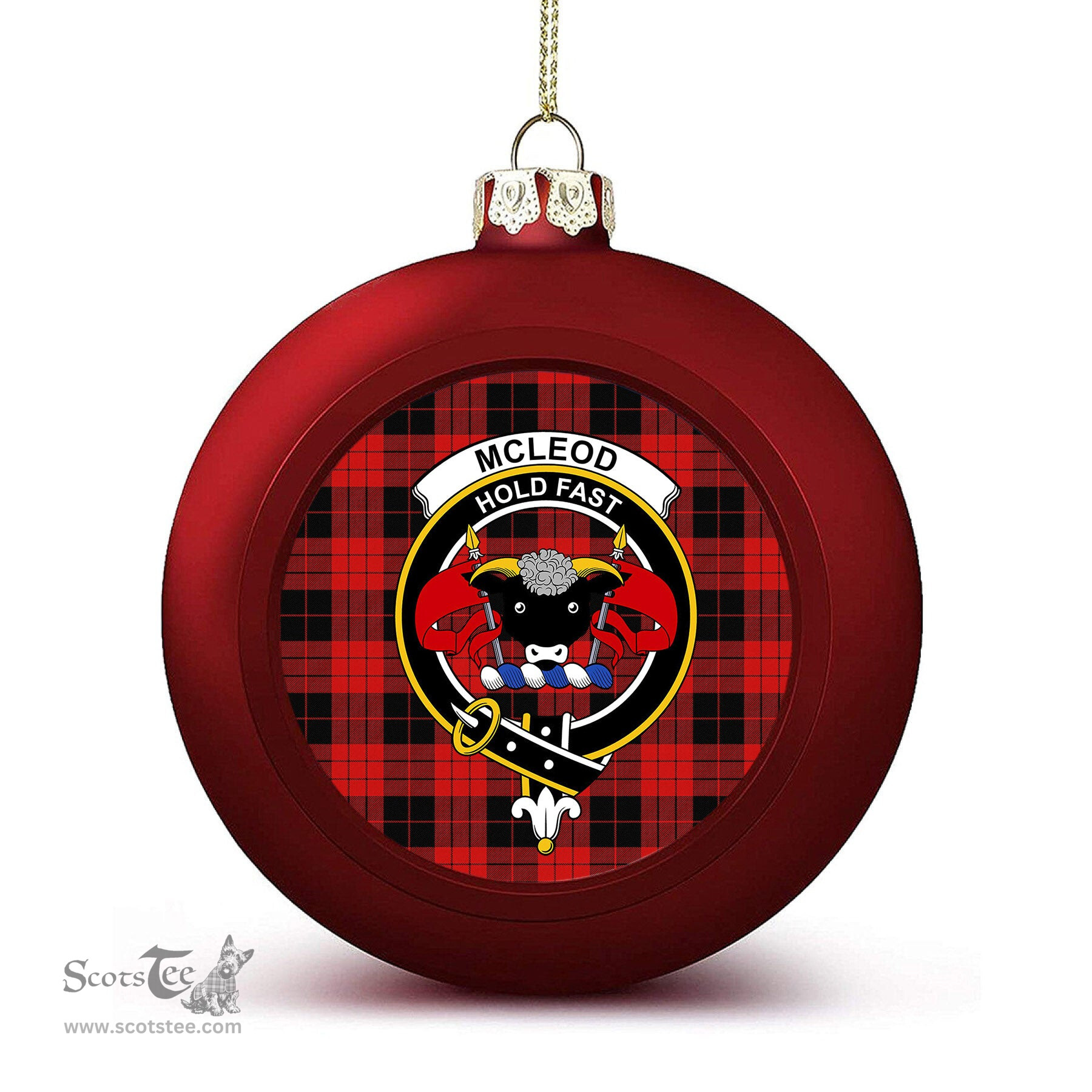 ScotsTee Shop Scottish McLeod Black and Red Modern Crest Tartan Christmas Ball Ornament