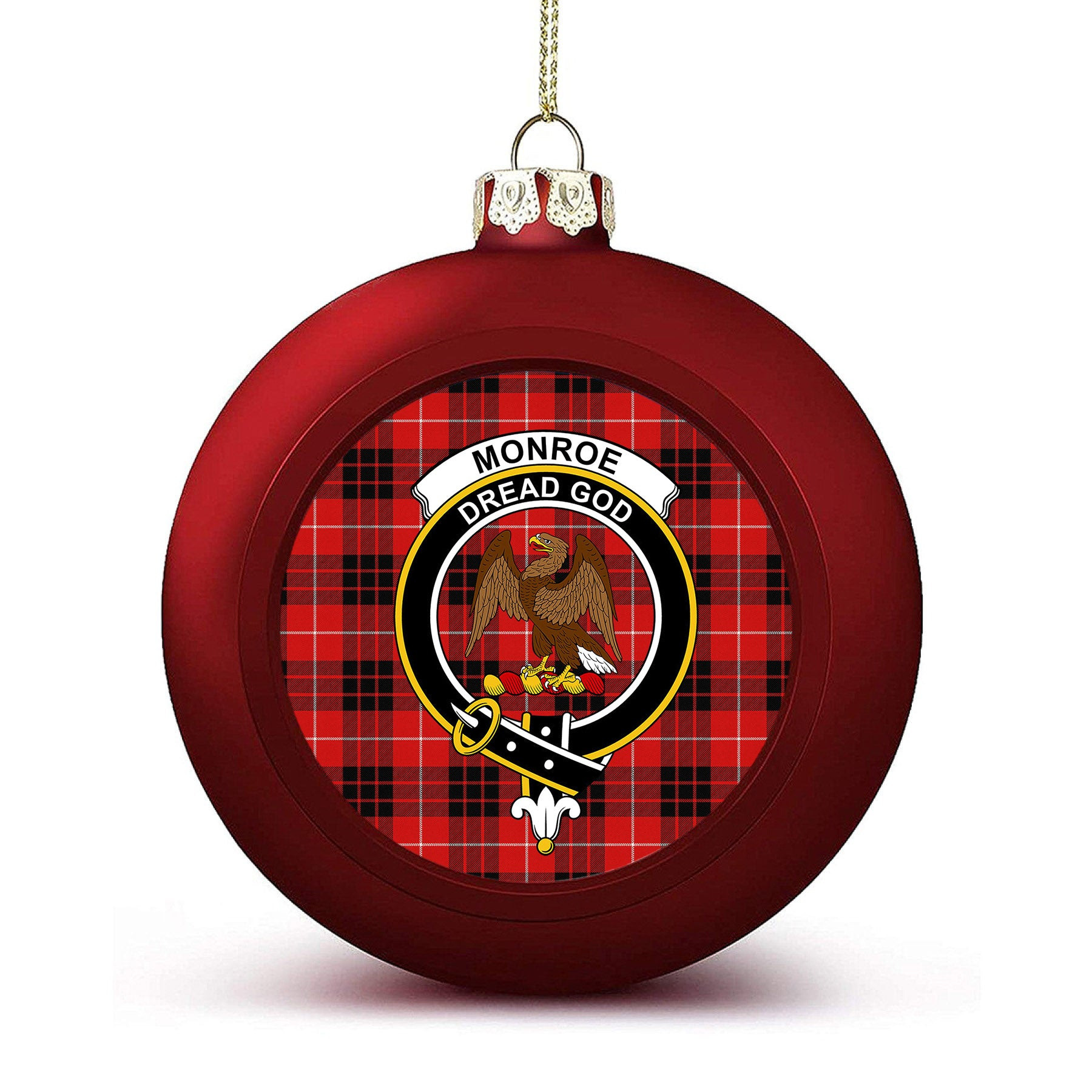 ScotsTee Shop Scottish Monroe Black and Red Modern Crest Tartan Christmas Ball Ornament