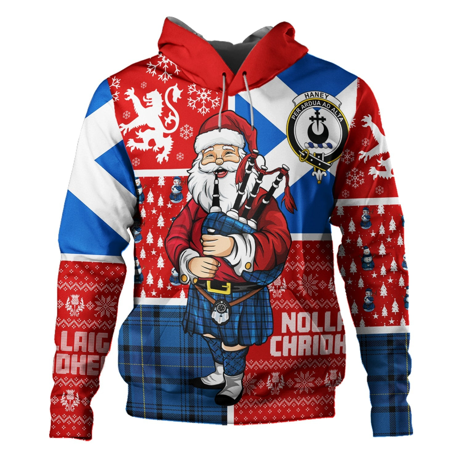 ScotsTee Shop Scottish Haney Blue Modern Clan Crest Tartan Hoodie Scotland Christmas Santa