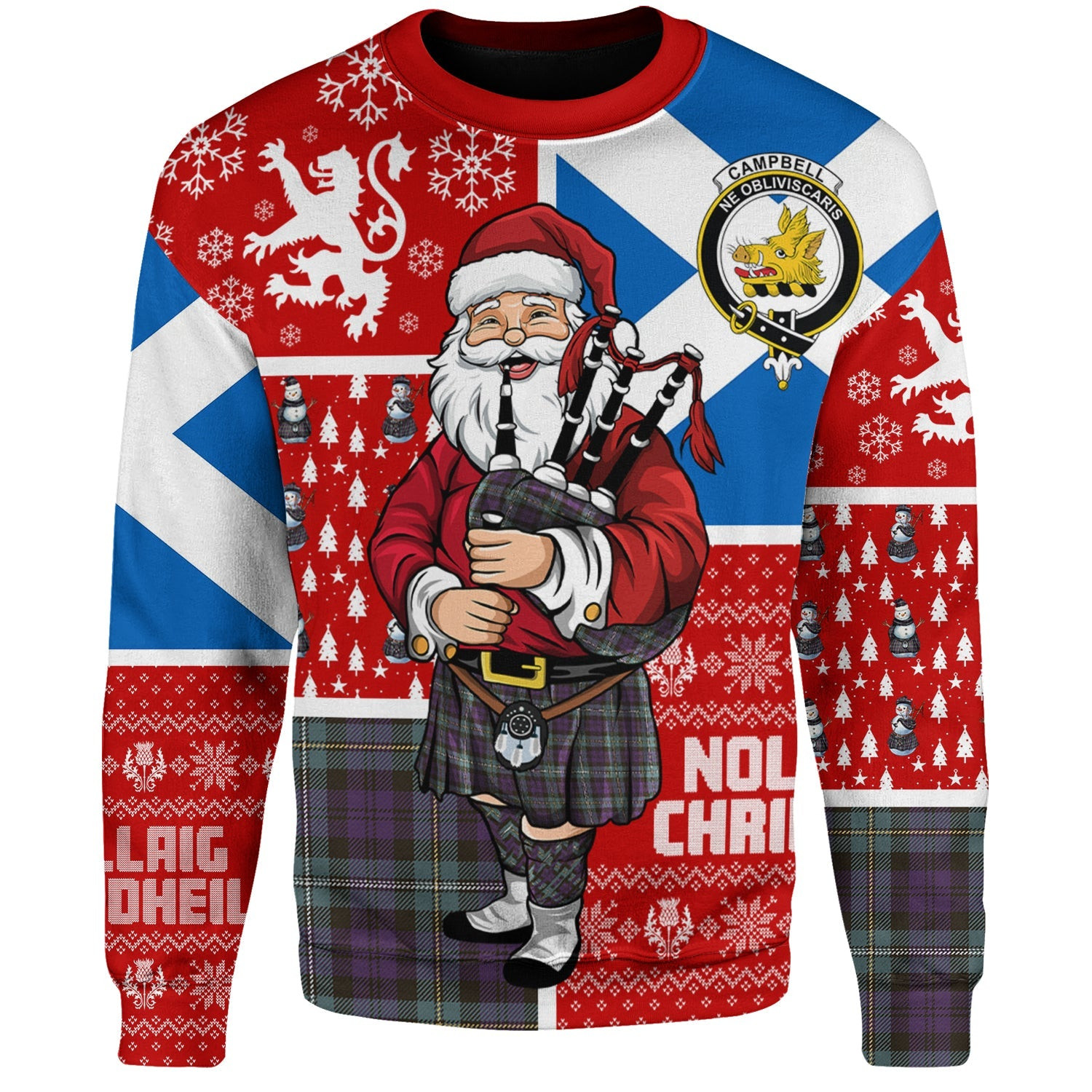 ScotsTee Shop Scottish Campbell of Loudon (Campbell Louden) Weathered 2 Clan Badge Tartan Ugly Christmas Knitted Sweater Scotland Christmas Santa