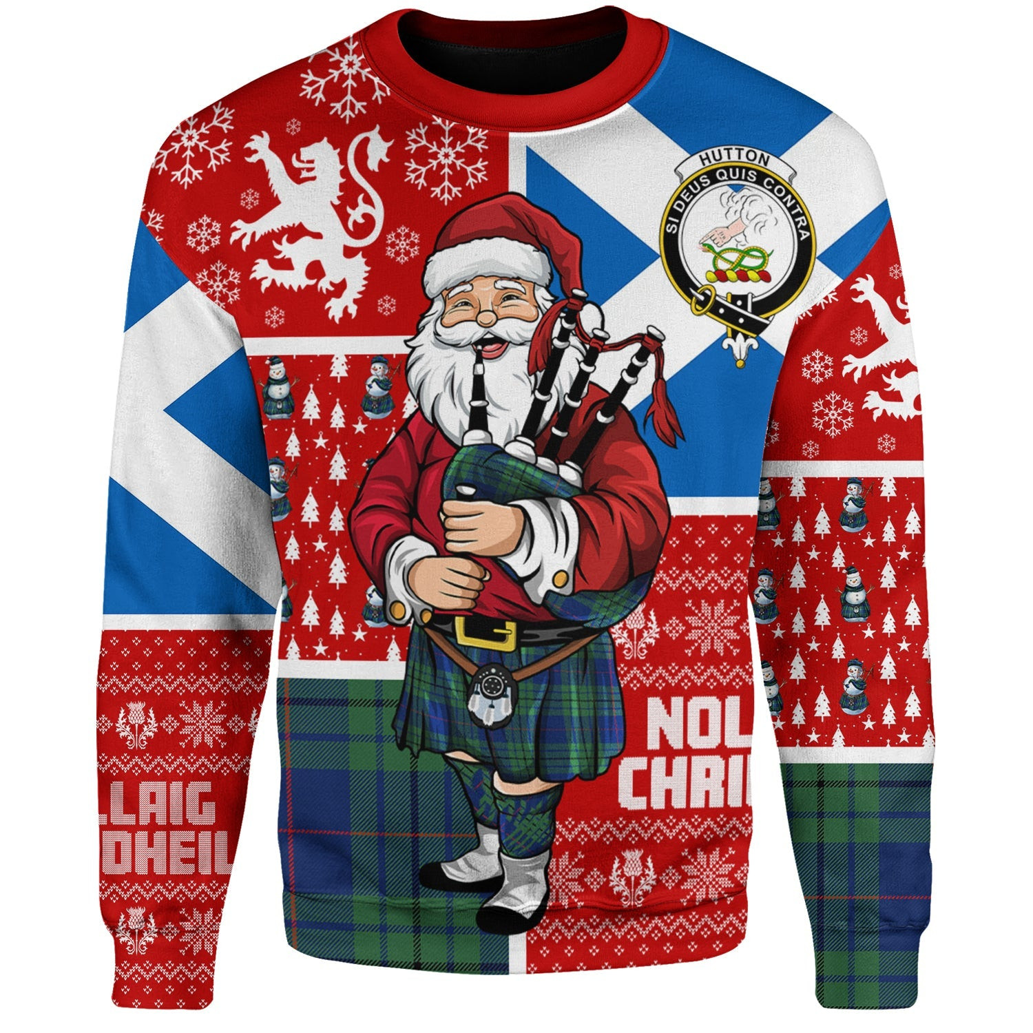 ScotsTee Shop Scottish Hutton Modern Clan Badge Tartan Ugly Christmas Knitted Sweater Scotland Christmas Santa