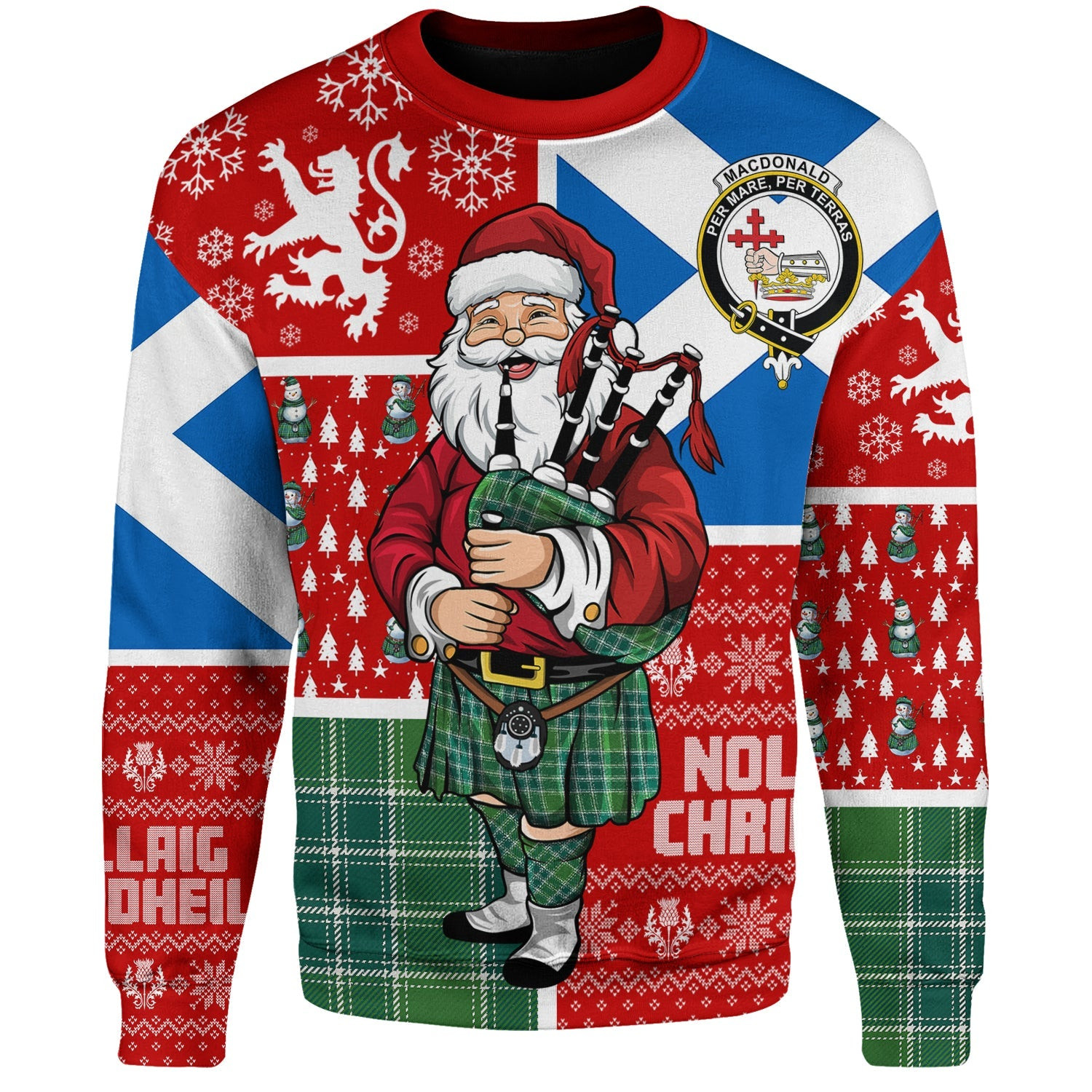 ScotsTee Shop Scottish MacDonald Lord of the Isles; Hunting Ancient Clan Badge Tartan Ugly Christmas Knitted Sweater Scotland Christmas Santa