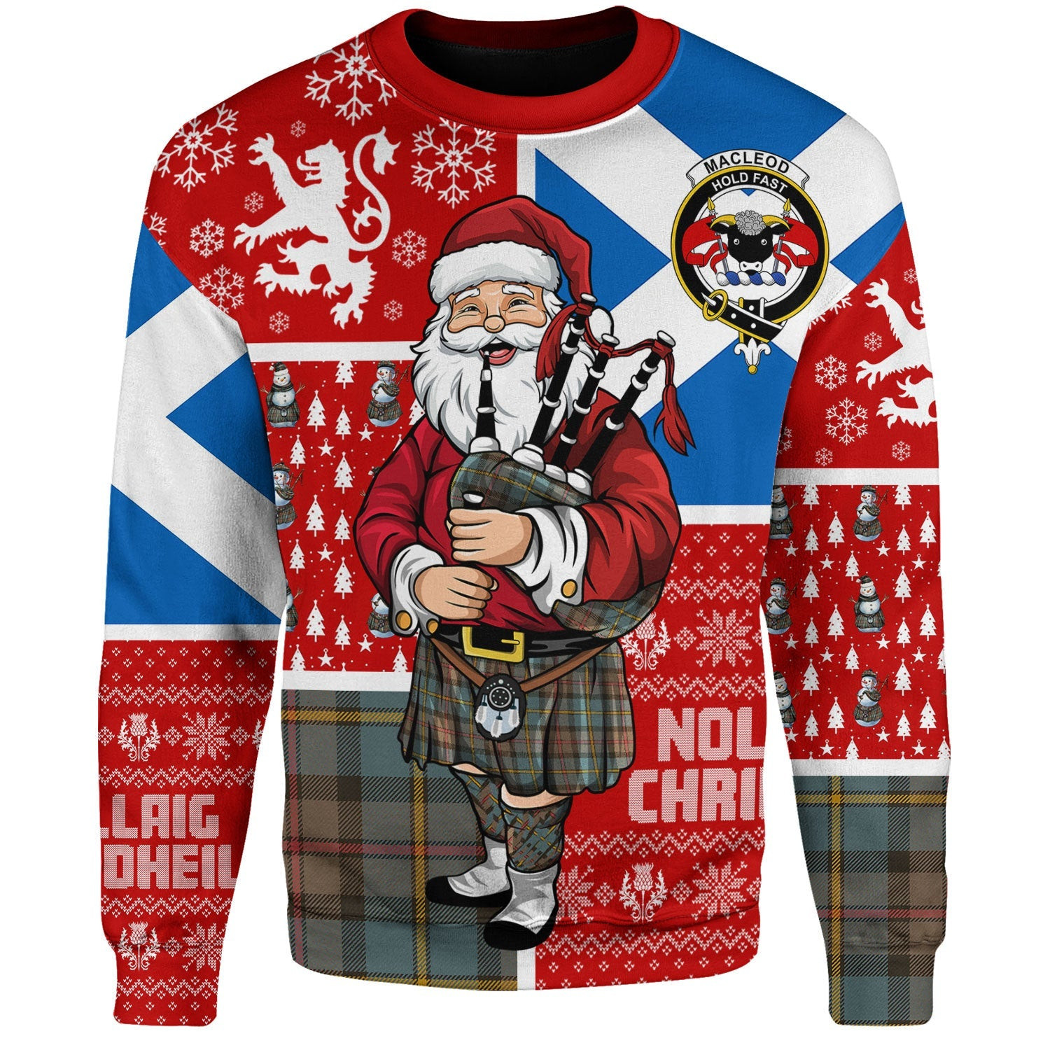 ScotsTee Shop Scottish MacLeod of Harris (MacLeod Hunting) Weathered Clan Badge Tartan Ugly Christmas Knitted Sweater Scotland Christmas Santa