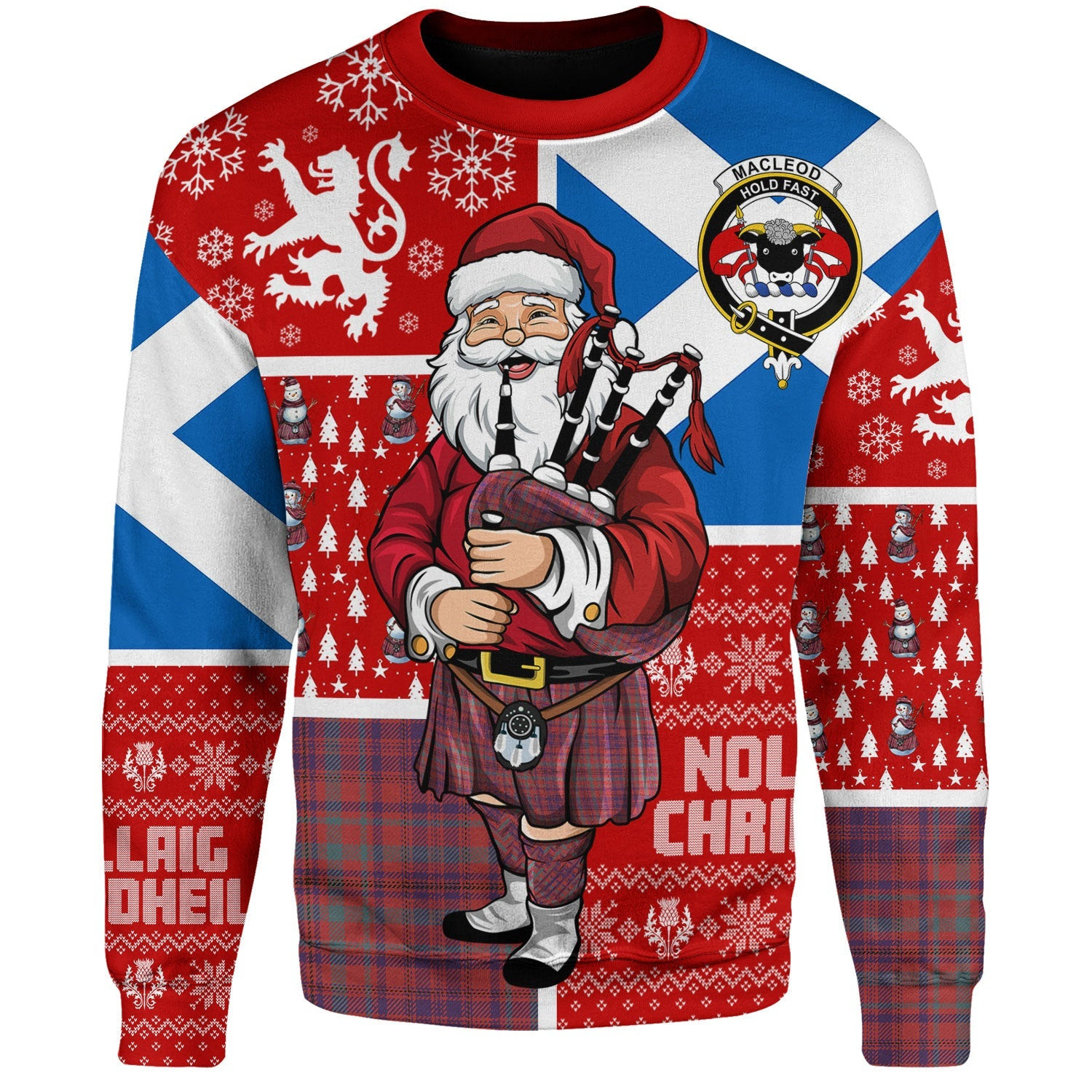 ScotsTee Shop Scottish MacLeod of Tullibardine (Red MacLeod) Weathered Clan Badge Tartan Ugly Christmas Knitted Sweater Scotland Christmas Santa