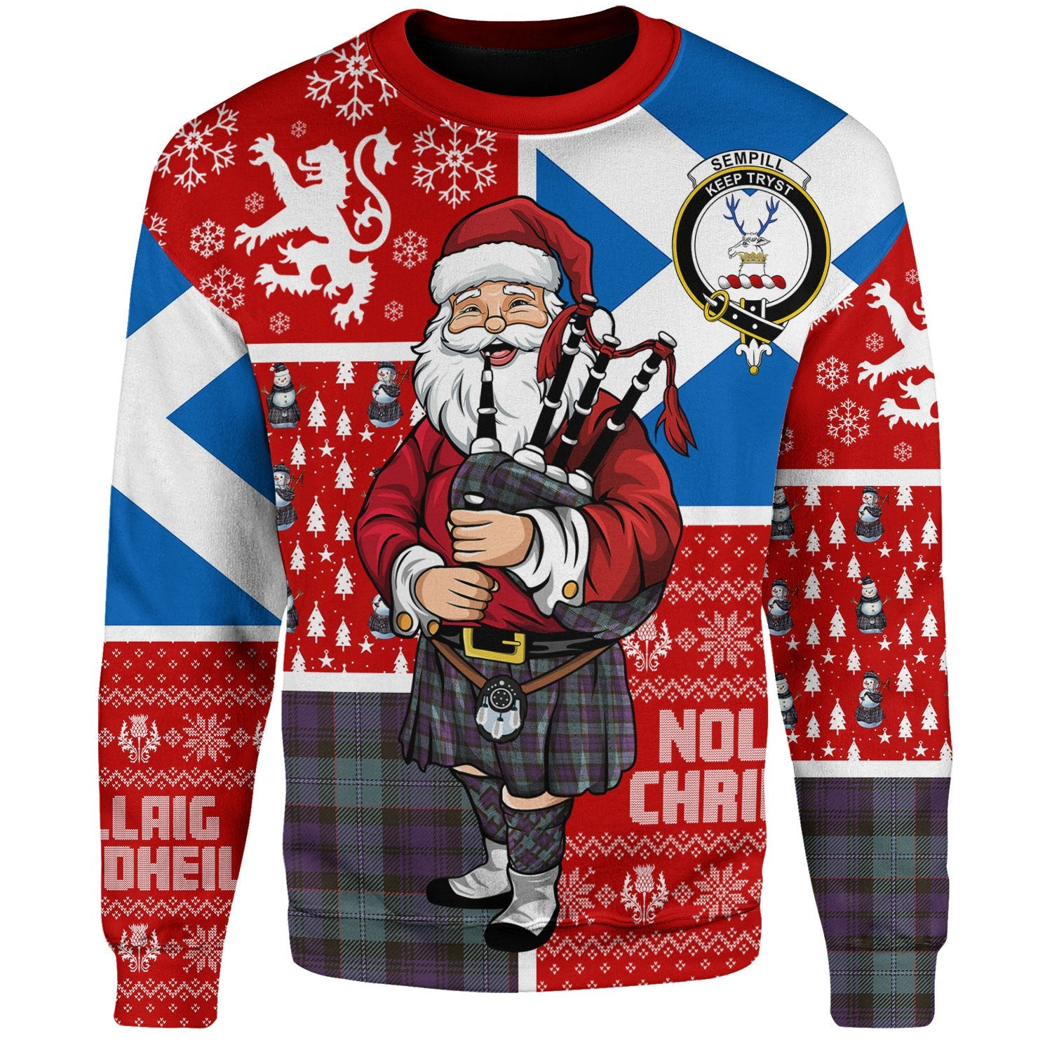 ScotsTee Shop Scottish Sempill (Semple) Weathered Clan Badge Tartan Ugly Christmas Knitted Sweater Scotland Christmas Santa