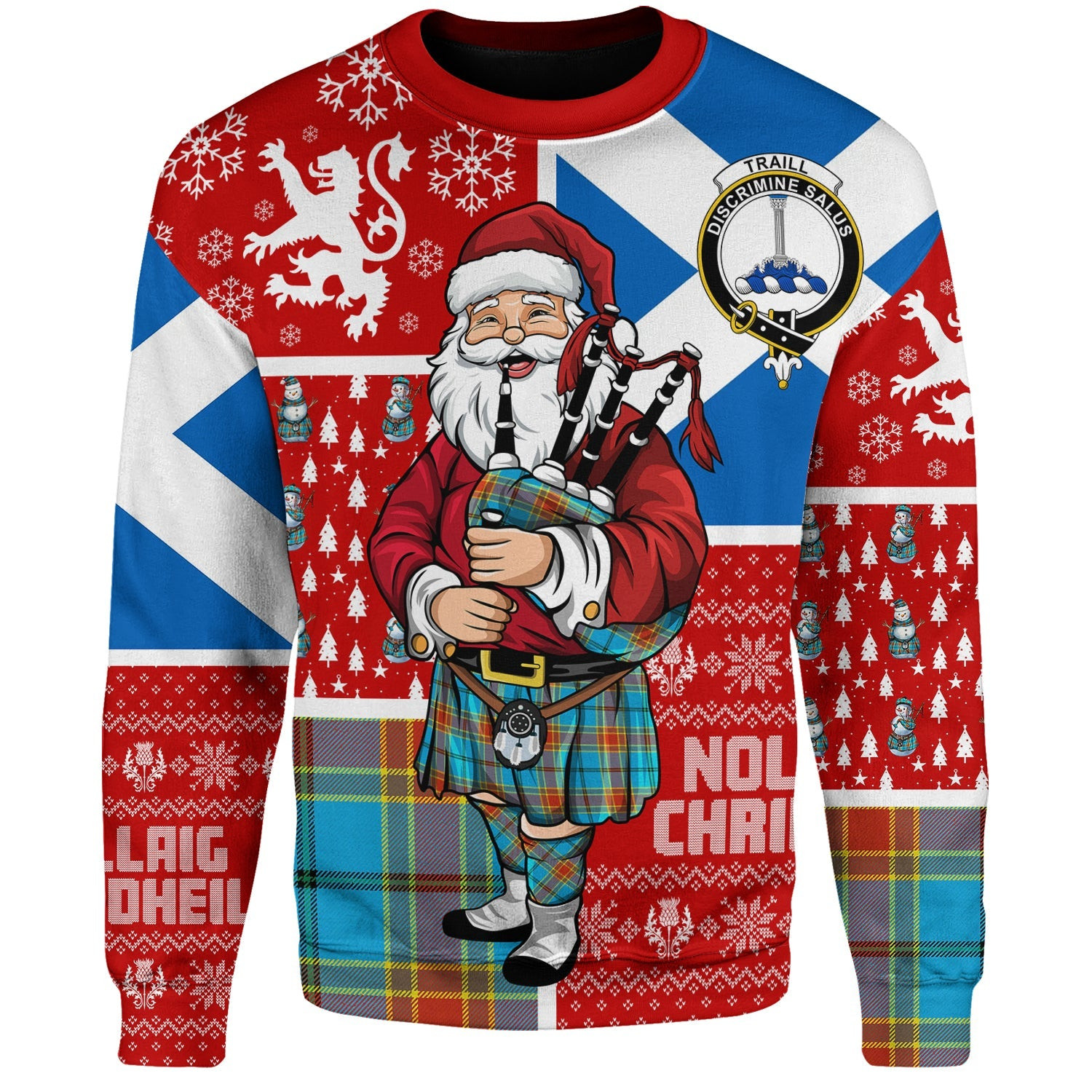 ScotsTee Shop Scottish Traill (Trayle) Weathered Clan Badge Tartan Ugly Christmas Knitted Sweater Scotland Christmas Santa