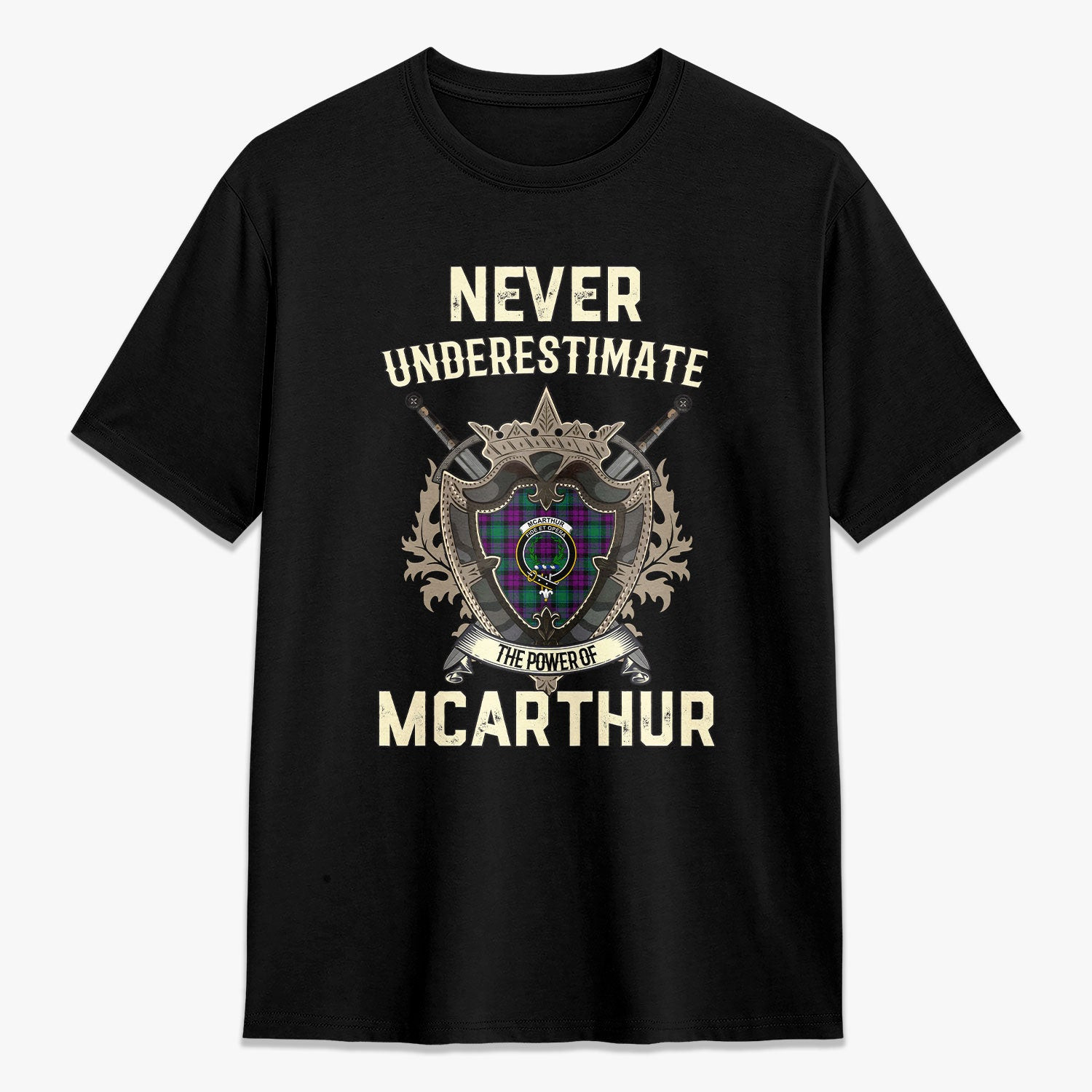 ScotsTee Shop McArthur - Milton Crest Tartan T-shirt Never Underestimate Style
