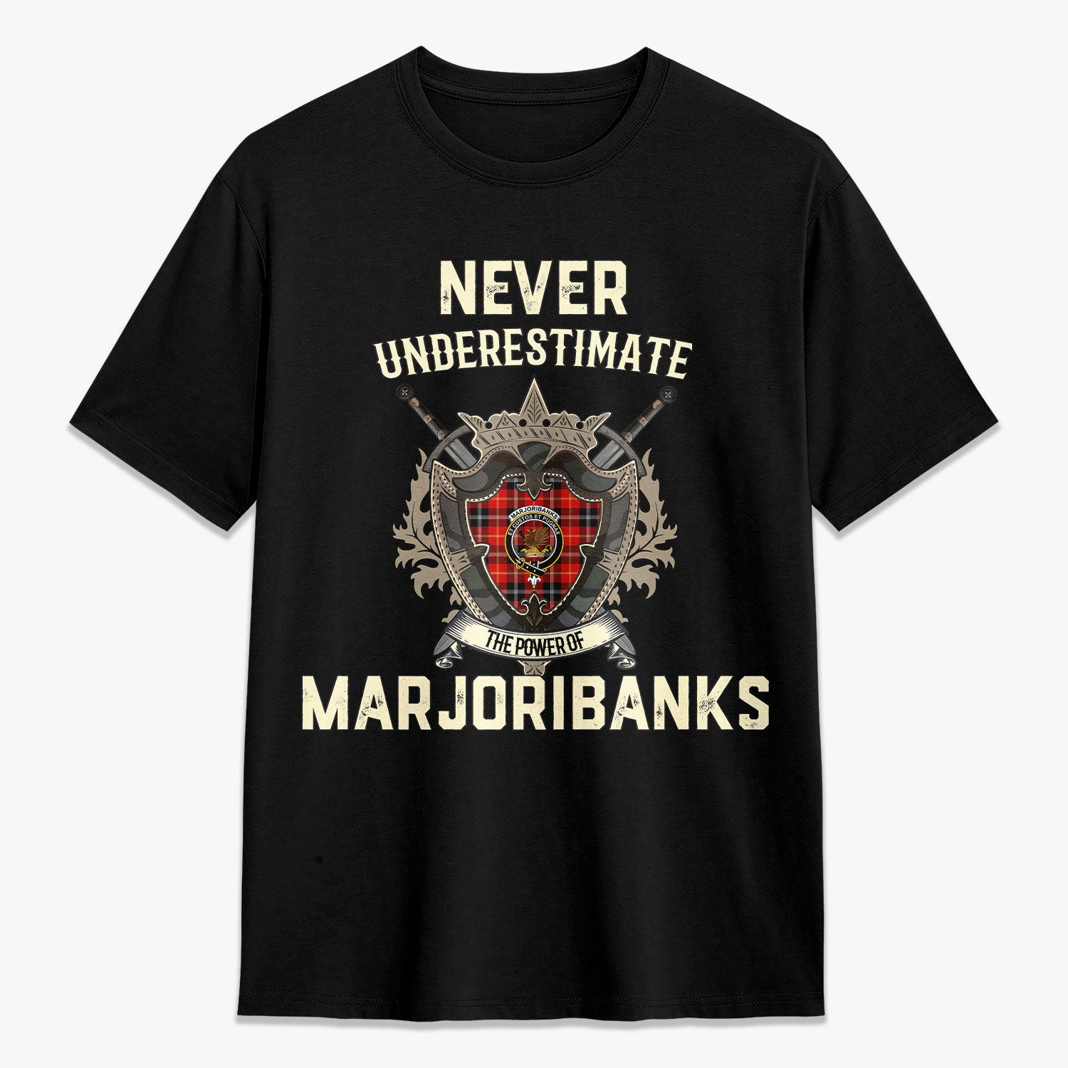 ScotsTee Shop Marjoribanks Crest Tartan T-shirt Never Underestimate Style