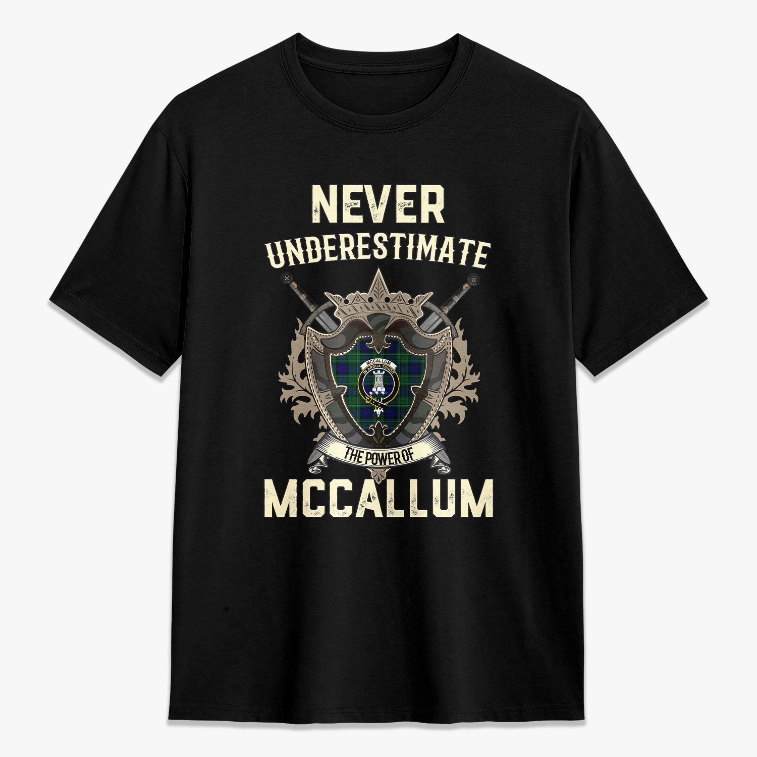 ScotsTee Shop McCallum Modern Crest Tartan T-shirt Never Underestimate Style