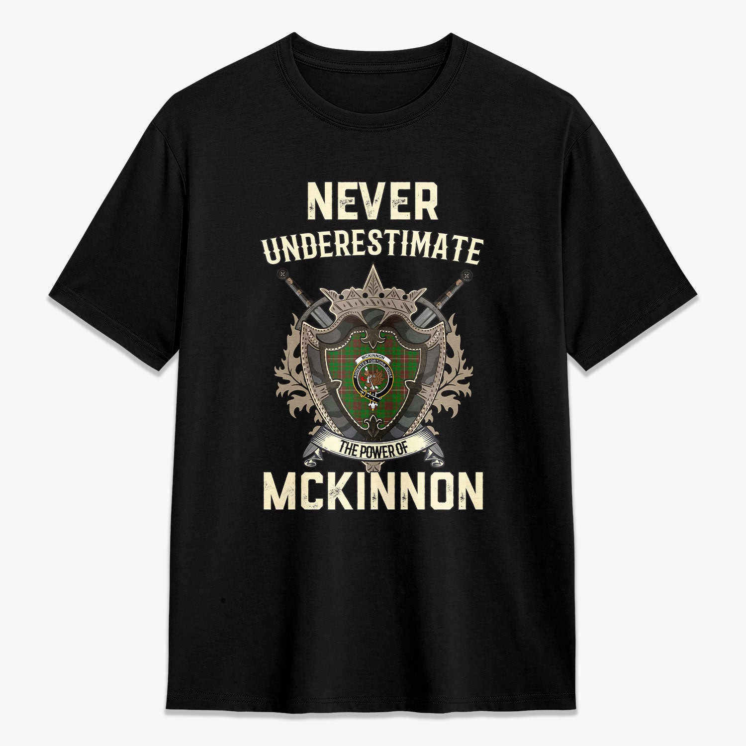 ScotsTee Shop McKinnon Hunting Modern Crest Tartan T-shirt Never Underestimate Style
