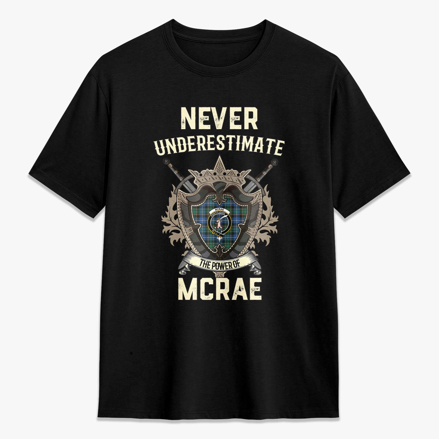 ScotsTee Shop McRae Hunting Ancient Crest Tartan T-shirt Never Underestimate Style