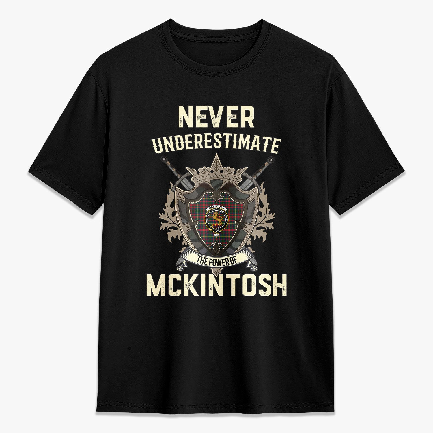 ScotsTee Shop McKintosh Hunting Modern Crest Tartan T-shirt Never Underestimate Style