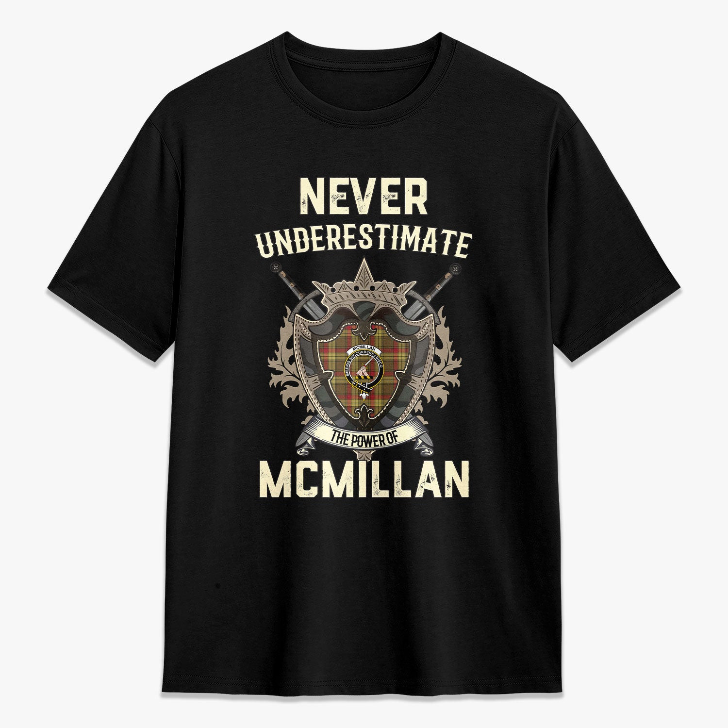 ScotsTee Shop McMillan Old Weathered Crest Tartan T-shirt Never Underestimate Style