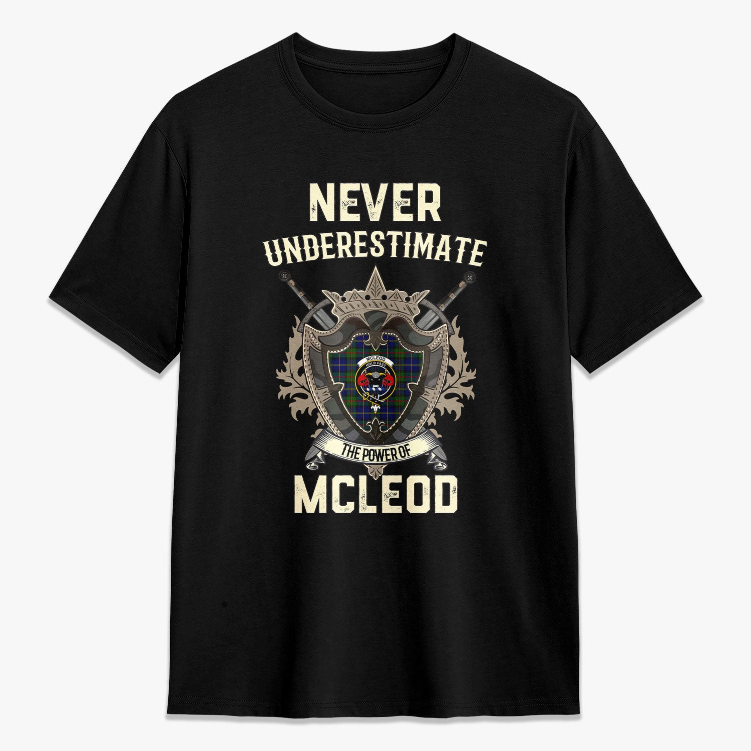 ScotsTee Shop McLeod of Harris Modern Crest Tartan T-shirt Never Underestimate Style