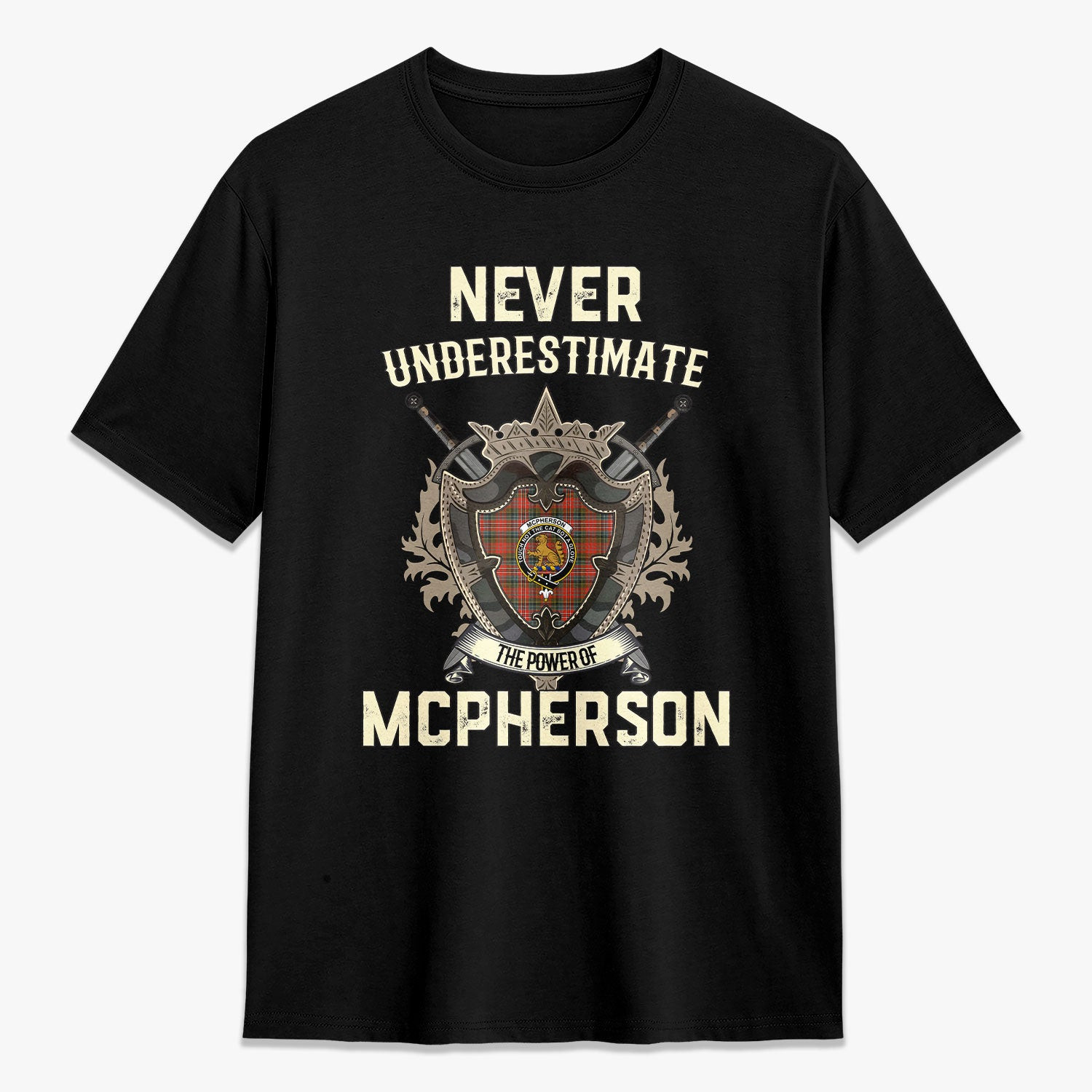 ScotsTee Shop McPherson Weathered Crest Tartan T-shirt Never Underestimate Style