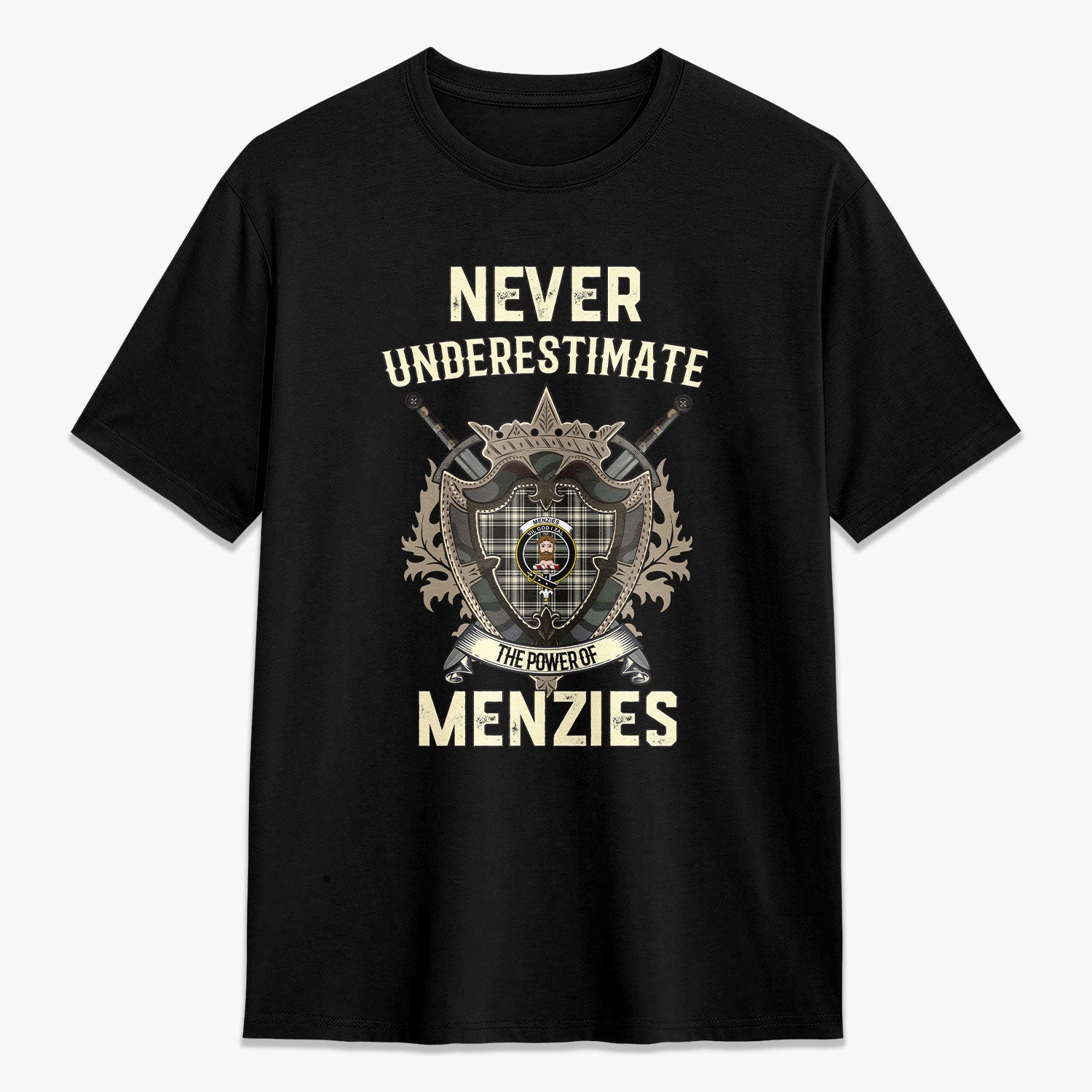 ScotsTee Shop Menzies Black - White Ancient Crest Tartan T-shirt Never Underestimate Style