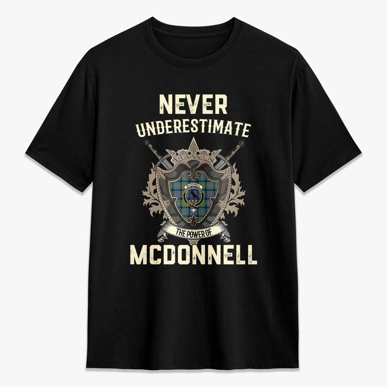 ScotsTee Shop McDonnell of Glengarry Ancient Crest Tartan T-shirt Never Underestimate Style