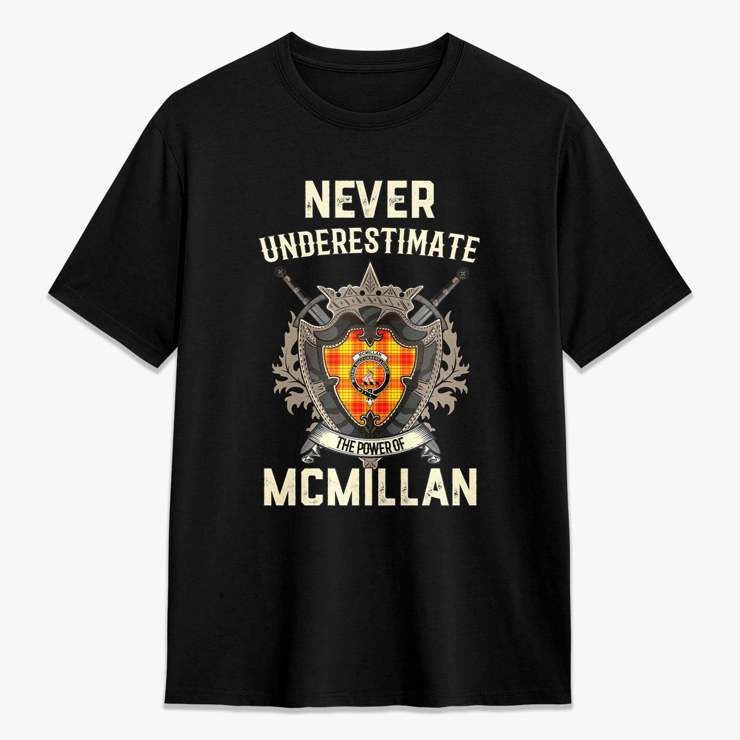 ScotsTee Shop McMillan Clan Crest Tartan T-shirt Never Underestimate Style