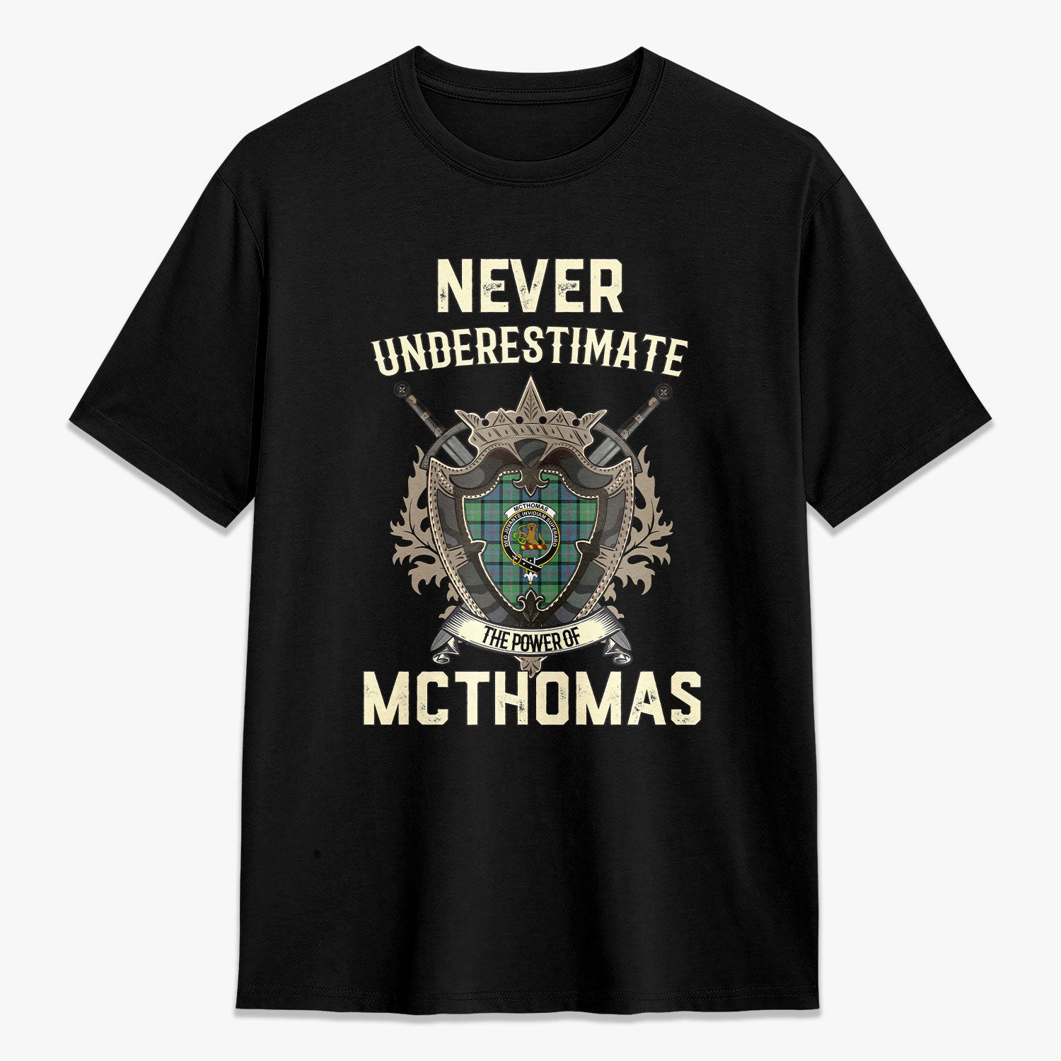 ScotsTee Shop McThomas Ancient Crest Tartan T-shirt Never Underestimate Style