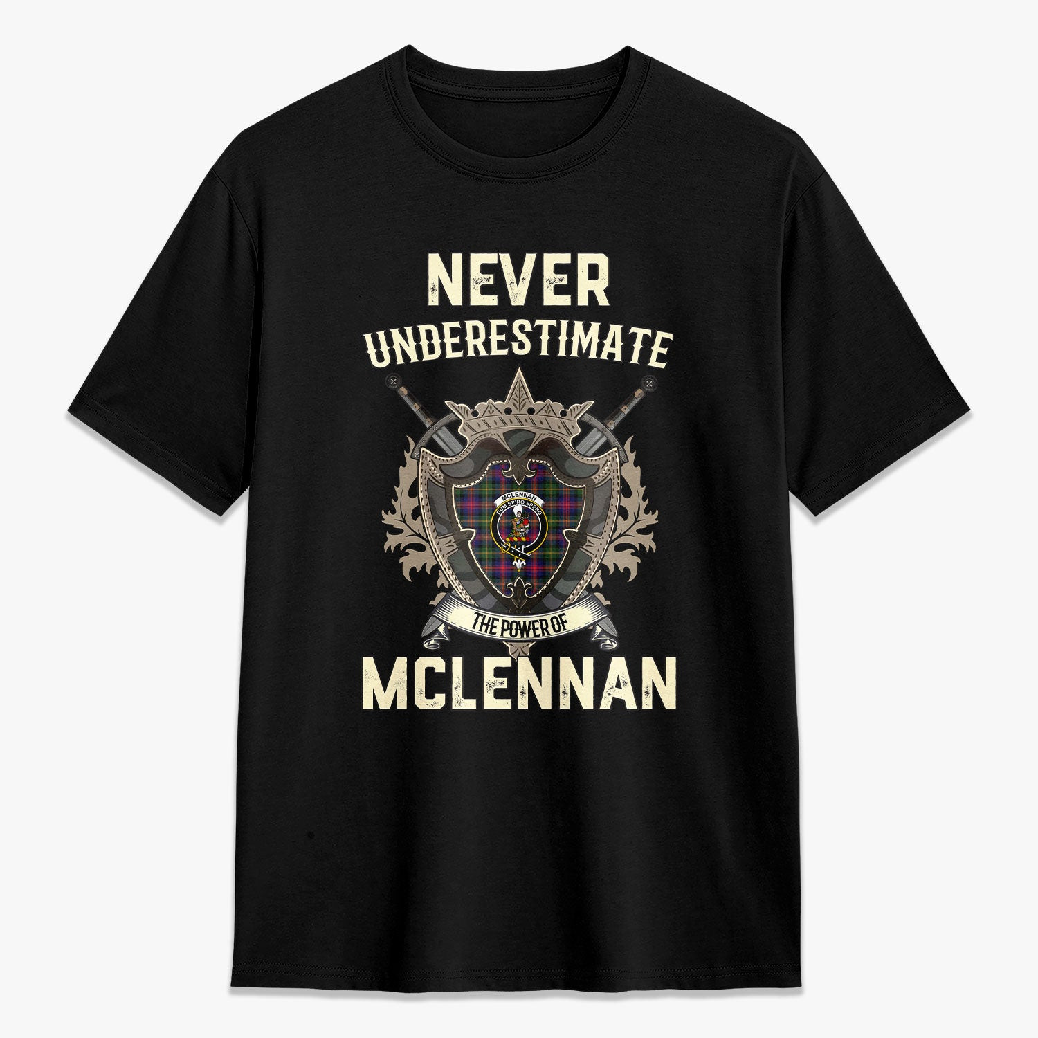 ScotsTee Shop McLennan Modern Crest Tartan T-shirt Never Underestimate Style