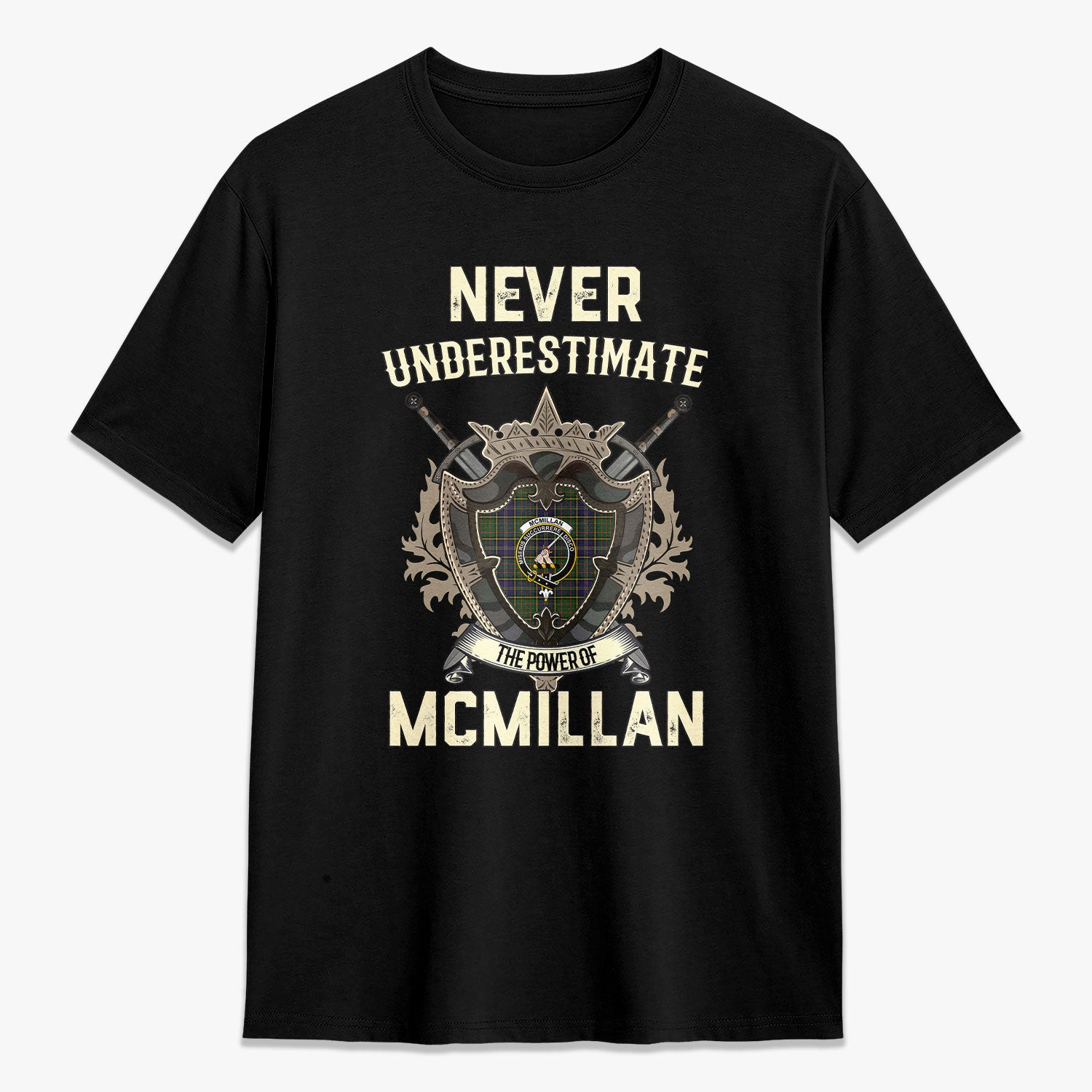 ScotsTee Shop McMillan Hunting Modern Crest Tartan T-shirt Never Underestimate Style