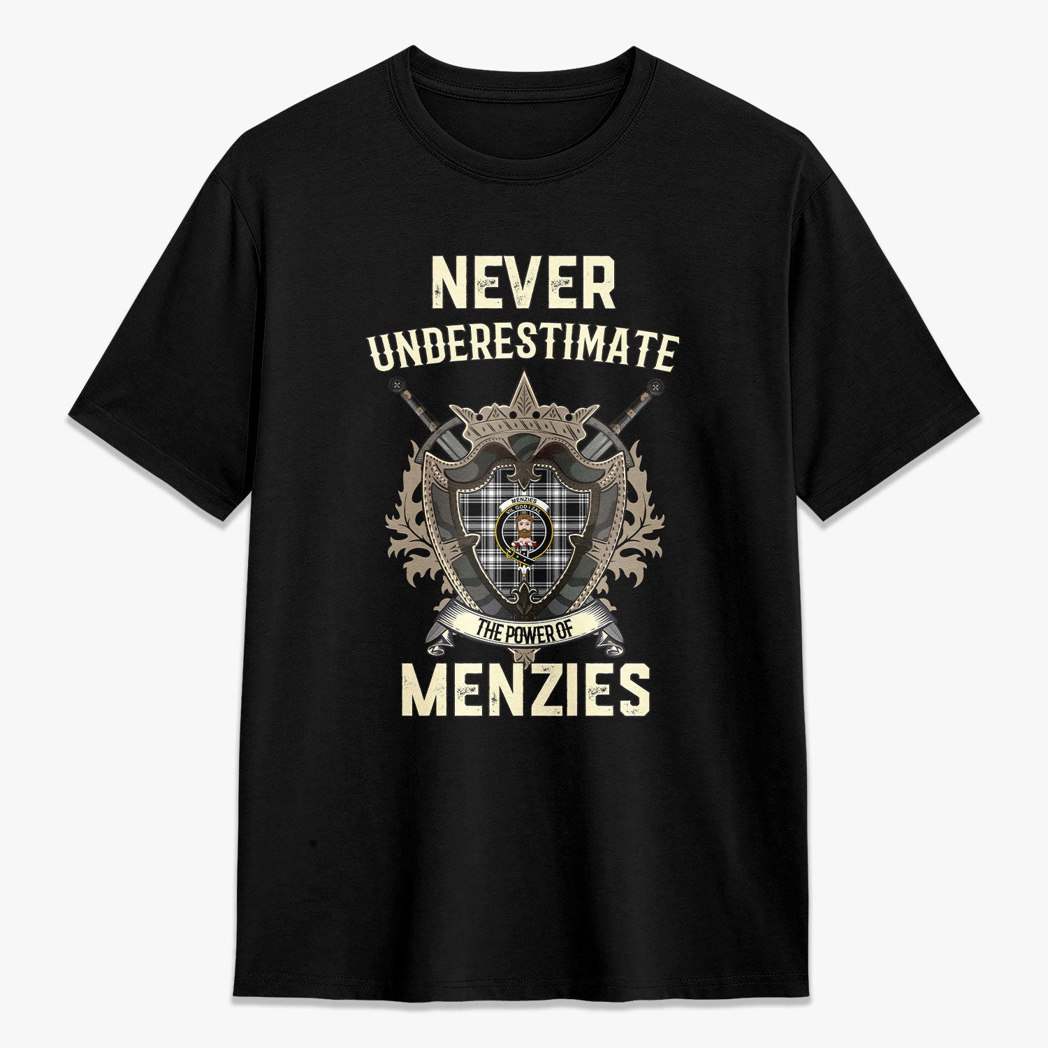 ScotsTee Shop Menzies Black - White Modern Crest Tartan T-shirt Never Underestimate Style