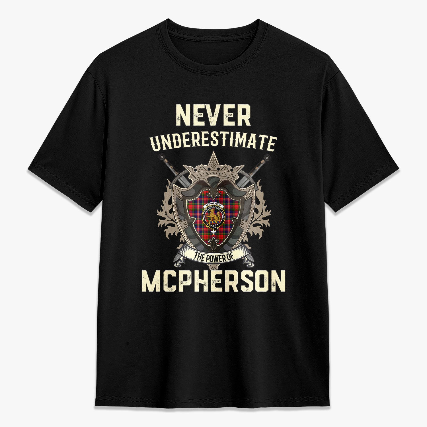 ScotsTee Shop McPherson Modern Crest Tartan T-shirt Never Underestimate Style