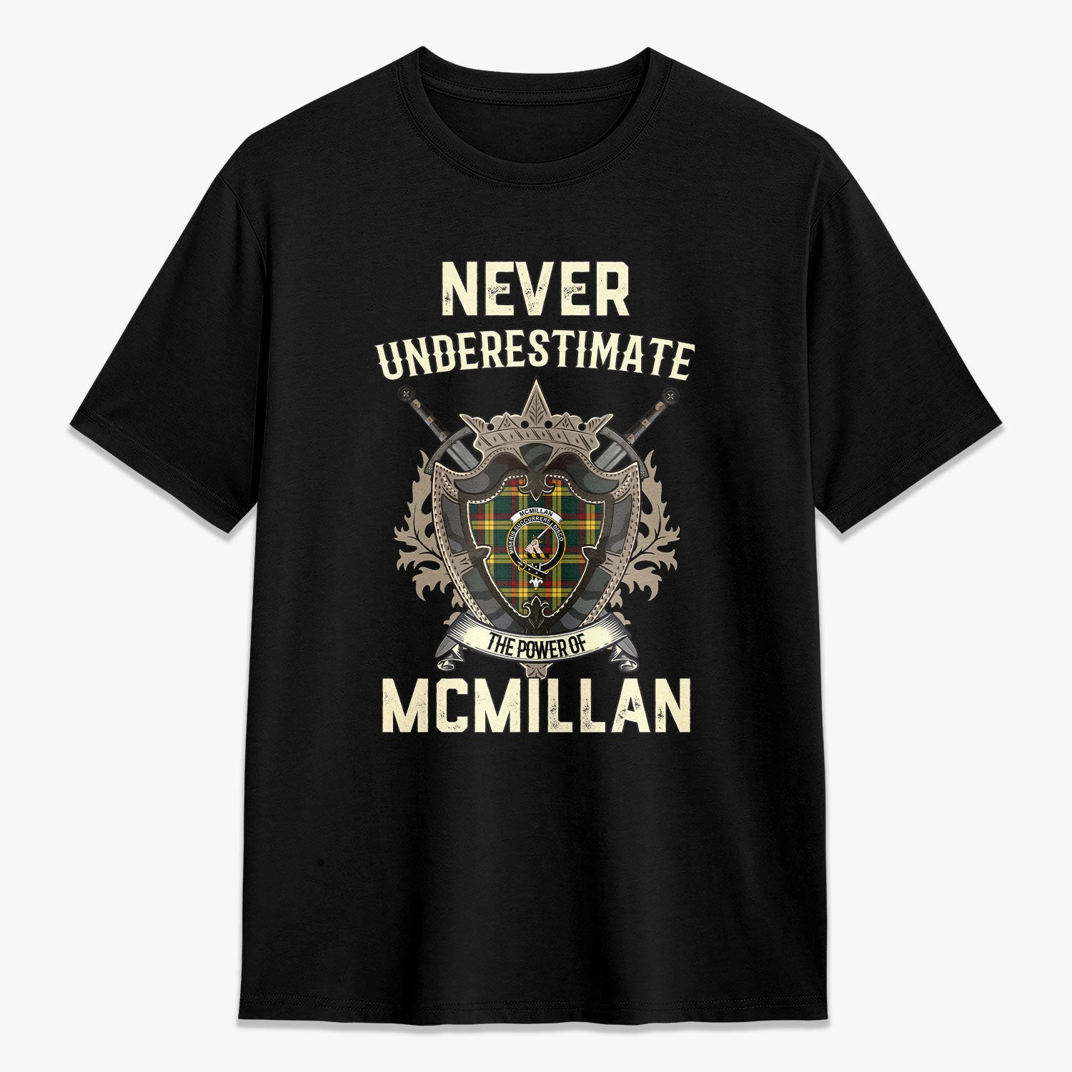 ScotsTee Shop McMillan Old Modern Crest Tartan T-shirt Never Underestimate Style