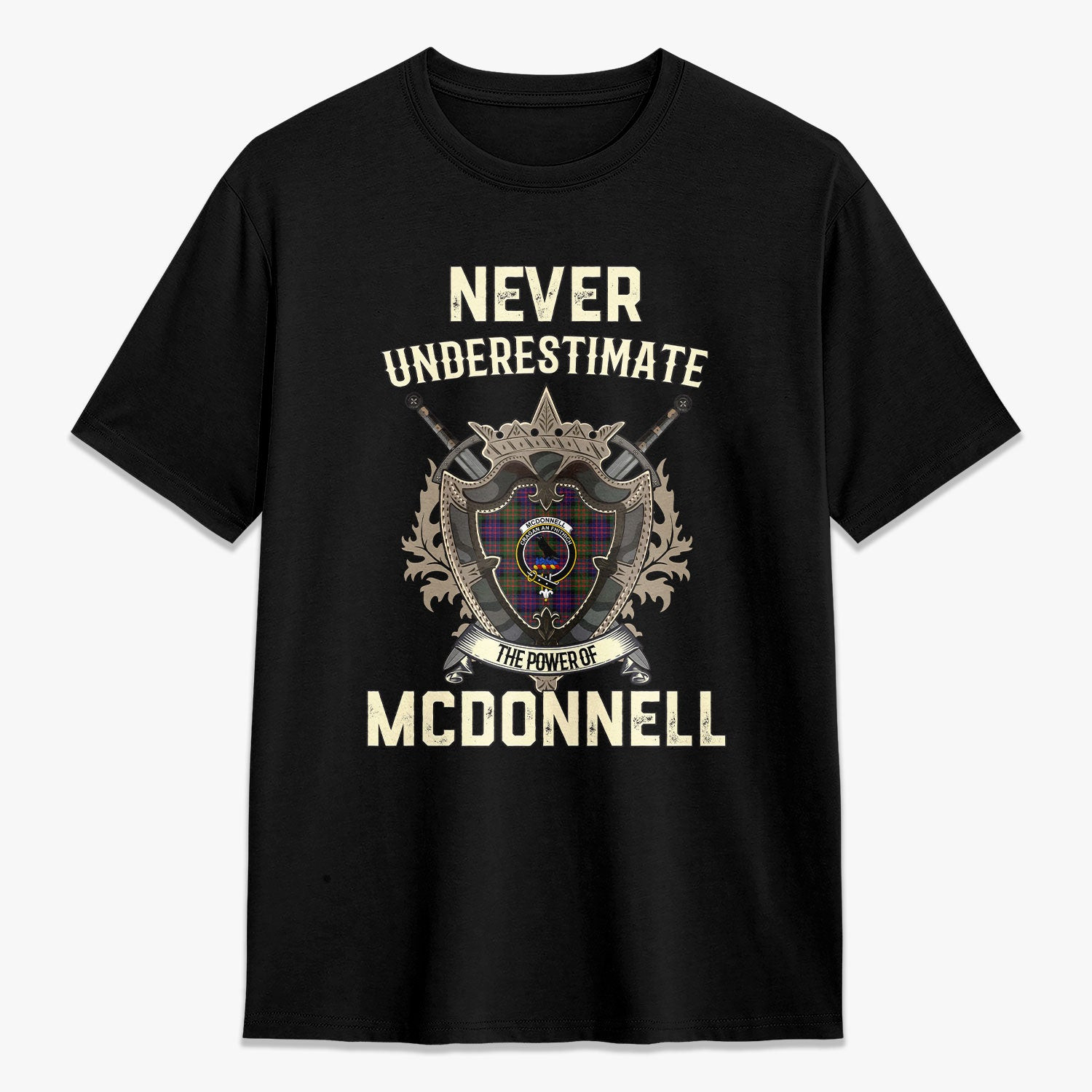 ScotsTee Shop McDonnell of Glengarry Modern Crest Tartan T-shirt Never Underestimate Style